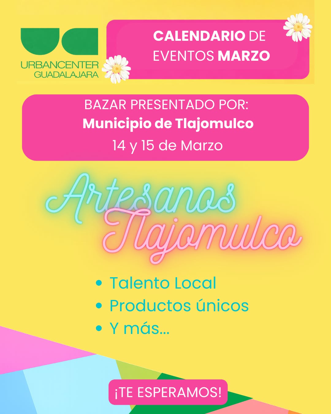 Descubre el talento de nuestra región en Artesanos Tlajomulco ✨
Este 14 y 15 de marzo ven a Urban Center Guadalajara y disfruta de una exhibición y venta de artesanías de la región, donde encontrarás piezas únicas hechas por manos locales, creatividad, tradición y mucho talento.
Un espacio para apoyar lo local y encontrar productos auténticos.
📍 Av. López Mateos Sur #7000, Fracc. Residencial La Rioja, Col. Los Gavilanes, CP 45645, Tlajomulco de Zúñiga
#UrbanCenterGuadalajara #ViveUrbanCenter #ArtesanosTlajomulco #TalentoLocal #ApoyaLocal #HechoEnMéxico #Tlajomulco