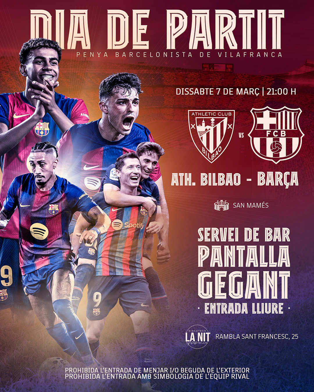 ⚽️𝘿𝙄𝘼 𝘿𝙀 𝙋𝘼𝙍𝙏𝙄𝙏 ⚽️
Ens trobem a @lanitvilafranca per gaudir del
partit!💪🏼
🍻Com sempre, amb pantalla gegant, servei de bar i sopars.
Som-hi Barça!🔵🔴