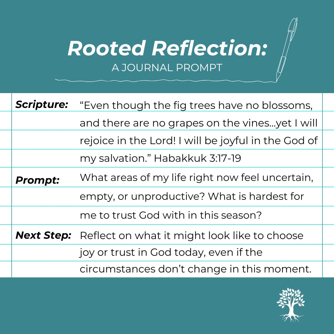 Even when the fields are empty and nothing seems to be growing, God is still faithful.
Habakkuk reminds us that trust in God is not based on perfect circumstances, but on who He is.
“Yet I will rejoice in the Lord,
I will be joyful in God my Savior.
The Sovereign Lord is my strength.”
Habakkuk 3:18–19
What in your life right now feels uncertain or barren?
How might God be inviting you to trust Him in this season?
#DailyEncouragement #PrayerPrompt #ChristianCounseling #HopeInChrist #RootedHopeCounseling #RootedReflection #JournalPrompt