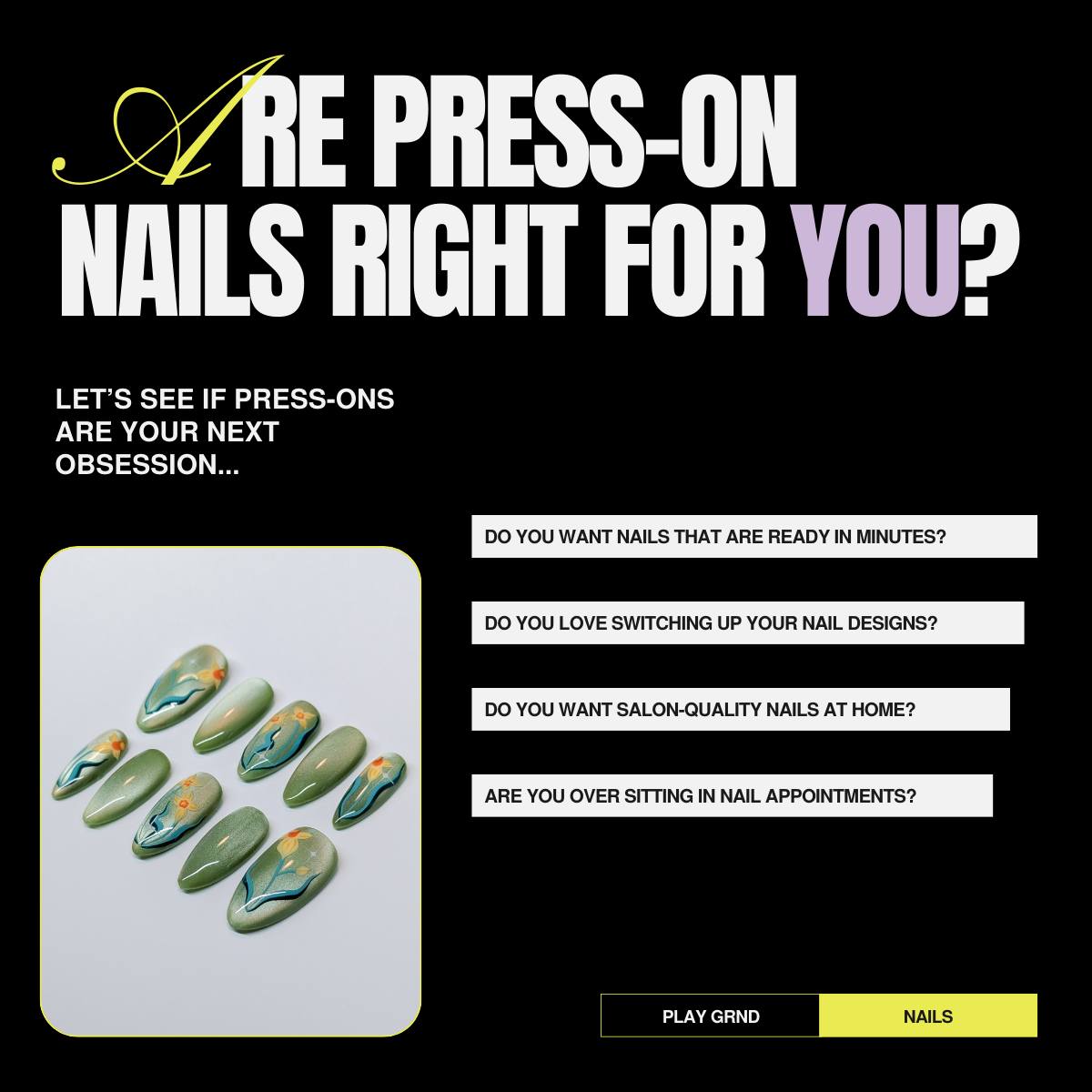Are Press-Ons Right For You? 💅🏻
Not everyone is a press-on girly and that’s okay! Here’s a quick breakdown so you can decide if they’re for you or not.
Press-ons are about to be your next obsession if you…
⏰ Want nails that are ready in minutes
🤩 Love frequently switching up your nail designs
🏡 Want unique, salon-quality nails at home
🫣 Are over sitting in nail appointments
🖤 Want to be able to rewear your favorite sets
They may not be your thing if you…
💅🏻 Prefer spending time at the salon for every set
🤷🏻♀️ Don’t want to apply or remove your own nails
🤩 Like the idea of a “one and done” design that you can’t rewear
Press-ons give you control, flexibility, and the freedom to wear your nails how you want, when you want, and however many times you want!
Are you ready to finally try press-ons? Hit up my website and check out my hand-painted, ready-to-order designs or grab a custom set! 😎 Don’t forget to grab a sizing kit if you’ve never ordered before! 🖤
#playgrndpressons #playgrndnails #handpaintednails #pressonnails #luxurypressons