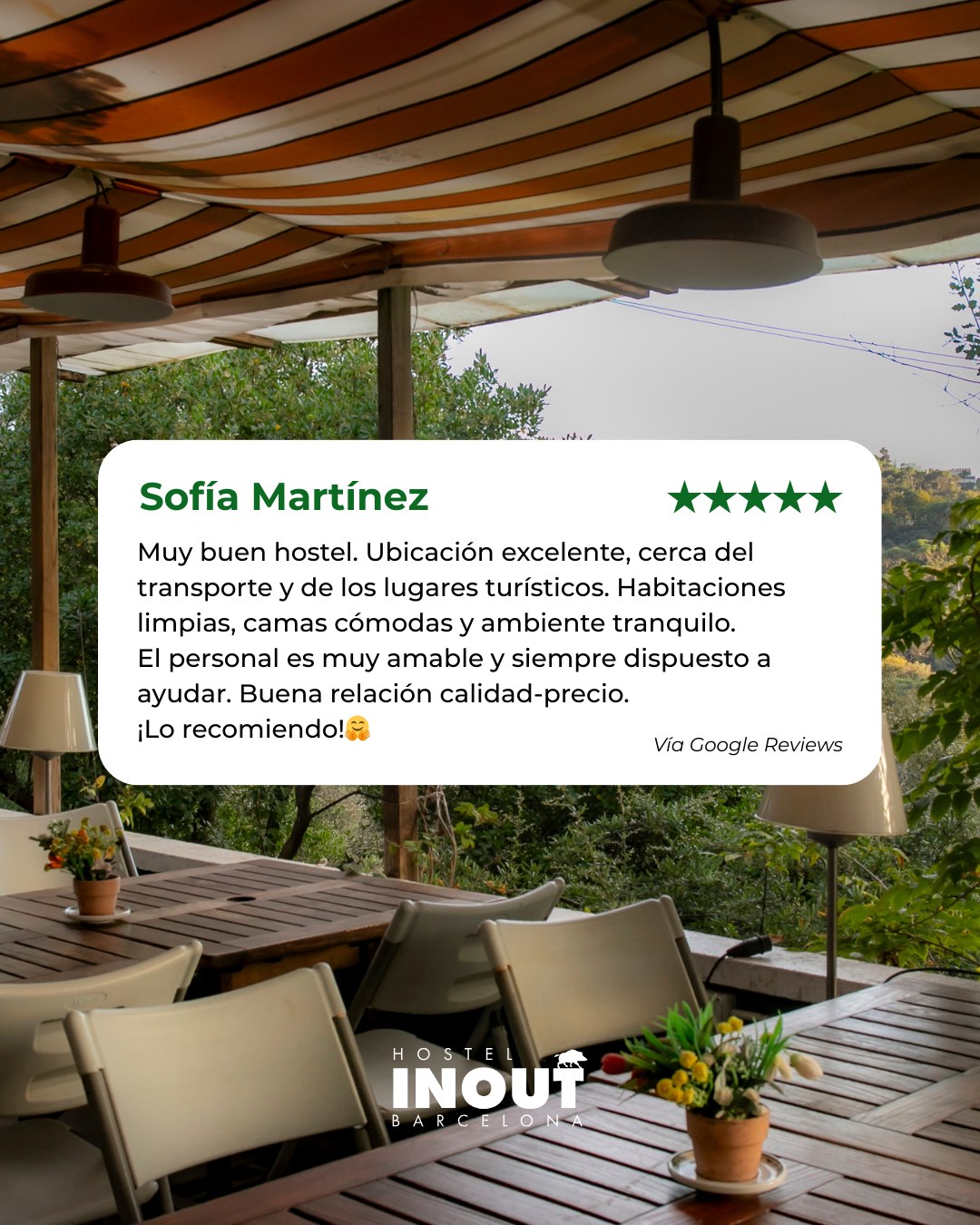 Tu opinión nos ayuda a crecer 💚
Si has estado en INOUT, déjanos tu reseña.
Nos ayudas a mejorar y a que más viajeros nos descubran.
___
La teva opinió ens fa créixer 💚
Si has vingut a INOUT, deixa’ns la teva ressenya.
Ens ajudes a millorar i a arribar a més viatgers.
___
Your review helps us grow 💚
If you’ve stayed at INOUT, we’d love to hear about your experience.
It helps us improve and welcome more travelers.
#INOUTHostel #Review