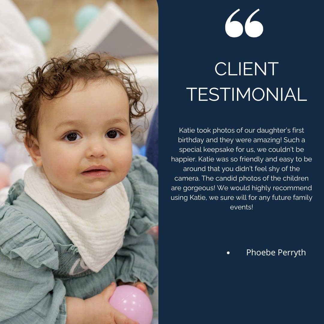 Kind words like this mean the world.
Photographing a child’s first birthday is such a special milestone. One minute they’re tiny newborns, and before you know it they’re sitting up, exploring everything, and diving into cake.
I always aim to keep sessions relaxed and natural so children (and parents!) can just enjoy the moment. Those candid little expressions and interactions are often the images families love most.
Thank you Phoebe for the lovely review 💜