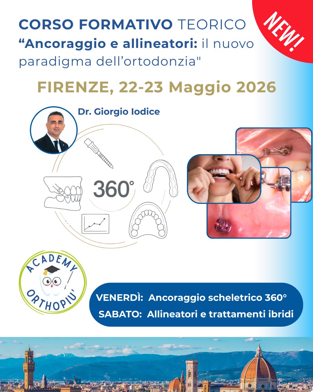 🦷 NUOVO CORSO
Ancoraggio e allineatori: il nuovo paradigma dell’ortodonzia
Con Dr. Giorgio Iodice
📍 Firenze
📅 22–23 Maggio 2026
🔹 22 Maggio – Ancoraggio scheletrico 360°
Dai protocolli inter-radicolari a quelli palatali ed extra-alveolari: indicazioni cliniche, selezione dei TADs e protocolli di inserimento.
🔹 23 Maggio – Allineatori e trattamenti ibridi
Diagnosi, progettazione e strategie per integrare gli allineatori nella pratica ortodontica moderna.
📌 Programma completo disponibile
📌 Iscrizioni già aperte
LINK: https://bit.ly/4ubrt40
#ortodonzia
#formazioneodontoiatrica
#ancoraggioscheletrico
#TADs
#allineatori
#odontoiatria
#ortodontist
#aggiornamentoprofessionale
