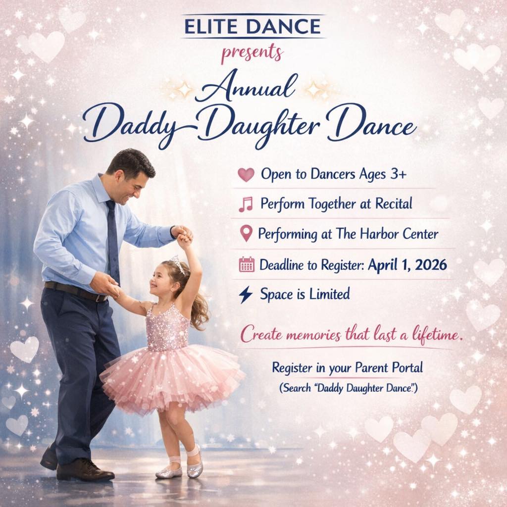 Sweet memories loading… 💙✨
Our Annual Daddy–Daughter Dance is officially open for registration! Dads (or grandpas, uncles, brothers & even moms!) will join their dancer on stage for a special recital performance at The Harbor Center.
This is always one of the most meaningful moments of recital season 🥹
📅 Registration closes April 1, 2026
⚡ Space is extremely limited
Register through your Parent Portal today and search “Daddy Daughter Dance” 💙
#EliteDance #DaddyDaughterDance #RecitalMemories #EliteDanceFamily