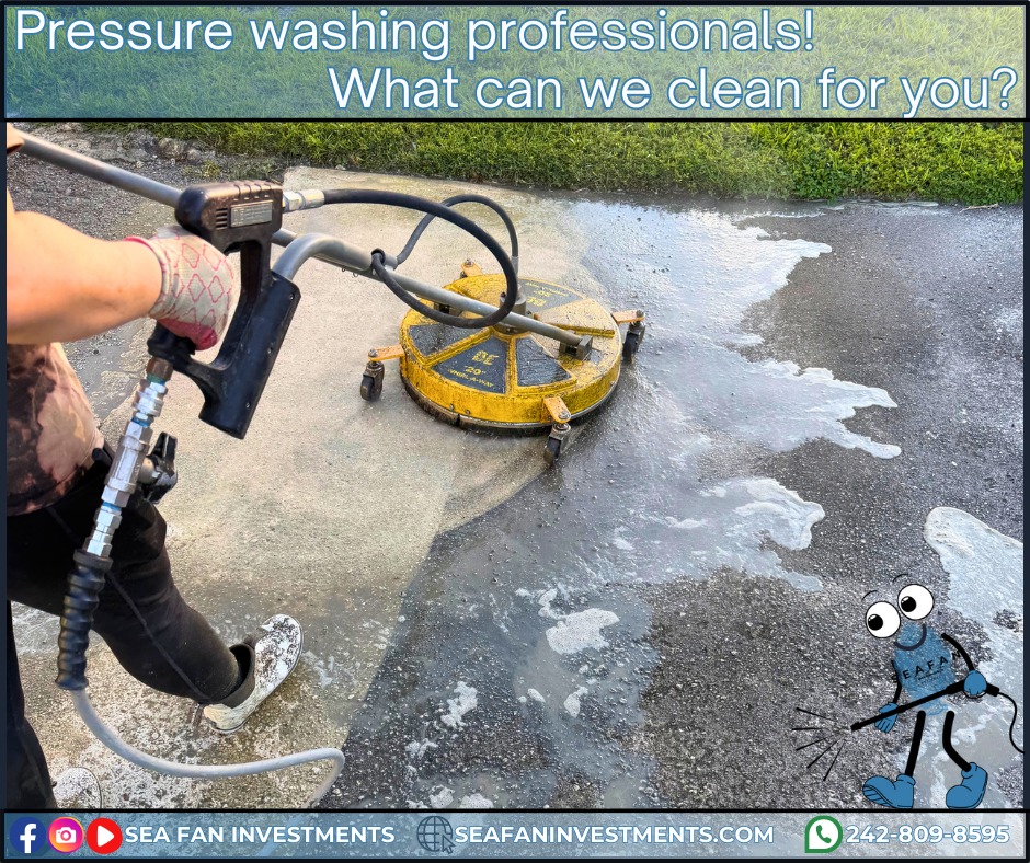 Even dirtiest concrete is no match for Sea Fan Investments.
Want to learn more? Check out our blog on pressure washing:
https://www.seafaninvestments.com/post/what-is-pressure-washing
We don't just pressure clean! We are your soft washing professionals and provide complete exterior cleaning solutions! Concrete cleaning, house washing, roof cleaning, driveways, windows, decks, docks, pool surrounds, patios, surface sealing, paver restoration, and much more.
We have cleaned homes of all sizes, multi family properties, businesses, school campuses, churches, gas stations, apartment complexes, and manufacturing facilities. Big or small, we've cleaned it all. What can we clean for you?
We are always looking for ways to help you manage and maintain your investment.
We service Freeport, Grand Bahama 🇧🇸🇧🇸🇧🇸 and cater to all your property management needs.
Visit our website https://www.seafaninvestments.com/
Check us out on Google https://maps.app.goo.gl/FtLupz7nk7yhbf917
Follow us on Facebook https://www.facebook.com/SeaFanInvestments
Follow us on Instagram https://www.instagram.com/seafaninvestments/
Watch and subscribe to us on YouTube
https://www.youtube.com/channel/UCNAsDyoYIpteVf6pDe5iCQw
#pressurewashing #softwashing #roofcleaning #housewash #deckcleaning #DockCleaning #seafaninvestments #guttercleaning #drivewaycleaning #concretecleaning #soffitcleaning #sealing #stuccocleaning #poolsurroundcleaning #brickcleaning #stonecleaning #commercialroofcleaning #paversealing #dumpstercleaning #woodcleaning #oilremoval #oxidizationremoval #rusttreatment #graffitiremoval #windowcleaning #commercialcleaning #parkinglotcleaning #patiocleaning #pressurewashinggrandbahama #pressurecleaningfreeportbahamas