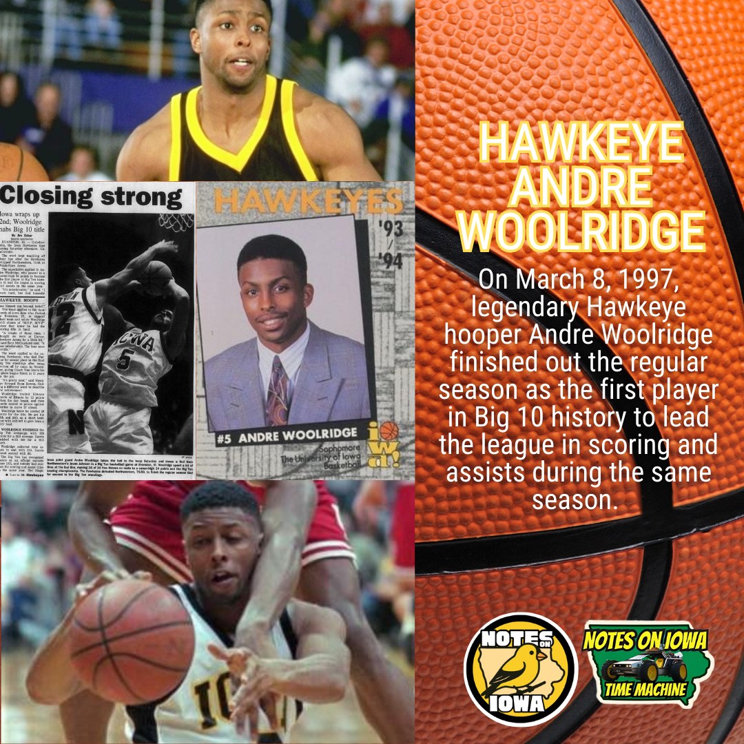Iowa Time Machine ⏰: On March 8, 1997, legendary Hawkeye hooper Andre Woolridge finished out the regular season as the first player in Big 10 history to lead the league in scoring and assists during the same season.
A standout star for Omaha Benson High School, Woolridge spent his freshman season at Nebraska. Transferring to play for Dr. Tom Davis and the Hawkeyes, he sat out the next year before gaining status as a three-year starter at Iowa.
Woolridge saw steady progress over the next two seasons and earned distinction as a first-team All-Big Ten performer after averaging 13.1 points and 6.0 assists as a junior while helping the Hawks reach the NCAA tournament. During his senior season, Woolridge took his production to another level, finishing the season with 20.2 points per game and 6.0 assists.
Woolridge led the Hawks in scoring in 23 games during his final season while helping the team to another NCAA tournament appearance. Although the Hawkeyes finished tied for secondand Woolridge’s Big Ten MVP went to league champion Minnesota, the Gophers eventually lost the honors when an academic investigation led to NCAA sanctions. #Iowa #OTD #History #HistoryTime #MarchMadness