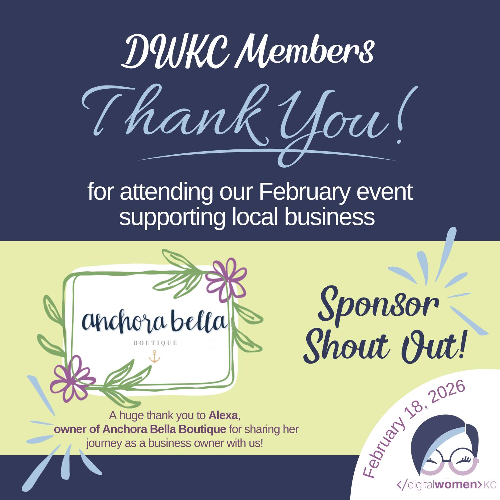 February 18th โ what a night. โจ
Thank you to every DWKC member who showed up and supported our local business event! The energy in that room was everything. ๐
A huge Sponsor Shout Out to Alexa, owner of @anchorabellaboutique, for sharing her story with us so beautifully. We were inspired, moved, and so grateful. โ
This community continues to grow and show up in the most amazing ways โ and we are beyond thankful for each and every one of you.
#DigitalWomenKC #DWKC #WomenInBusiness #SupportLocal #AnchoraBellaBoutique #WomenWhoInspire #WomenWhoLead #KCWomen #SponsorLove #ShopLocal #WomenSupportingWomen