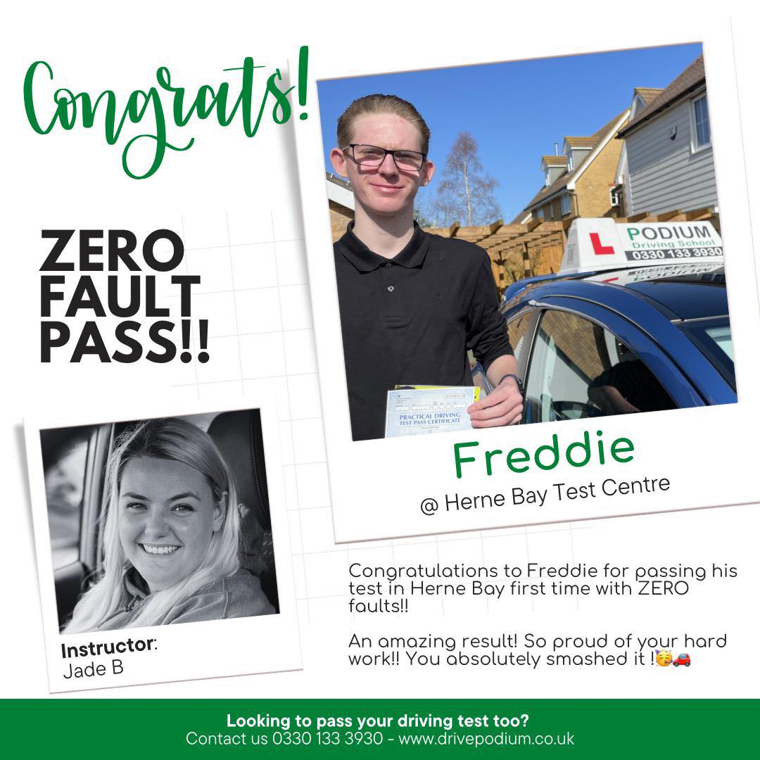 Congratulations to Freddie on passing his test first time this morning with ZERO driver faults!🥳 Freddie came to me, never having driven before and has been an amazing student. So many questions and inquisitive thoughts! From day one Freddie has been on the ball and taking in all the information I could give him. He’s always learnt from his mistakes and taken lessons from every experience. Today your first time pass with zero driver faults reflected that perfectly!🥳 The examiner said he was really impressed and commended us both on our team work!⭐️ Congratulations Freddie from myself and everyone at Podium Driving School for your incredible pass, you’ve made my day! 🤩