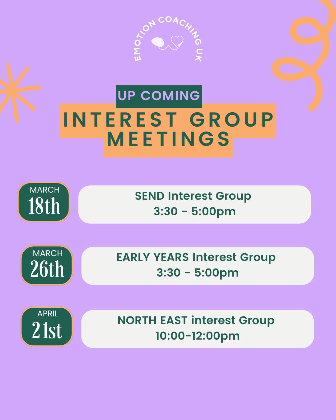 Interest Group Meeting Dates are here 💛
Want to connect, reflect and grow together?
Head to our website for all the upcoming dates and details.
See you there 🌿
#EmotionCoaching #ProfessionalLearning #Community