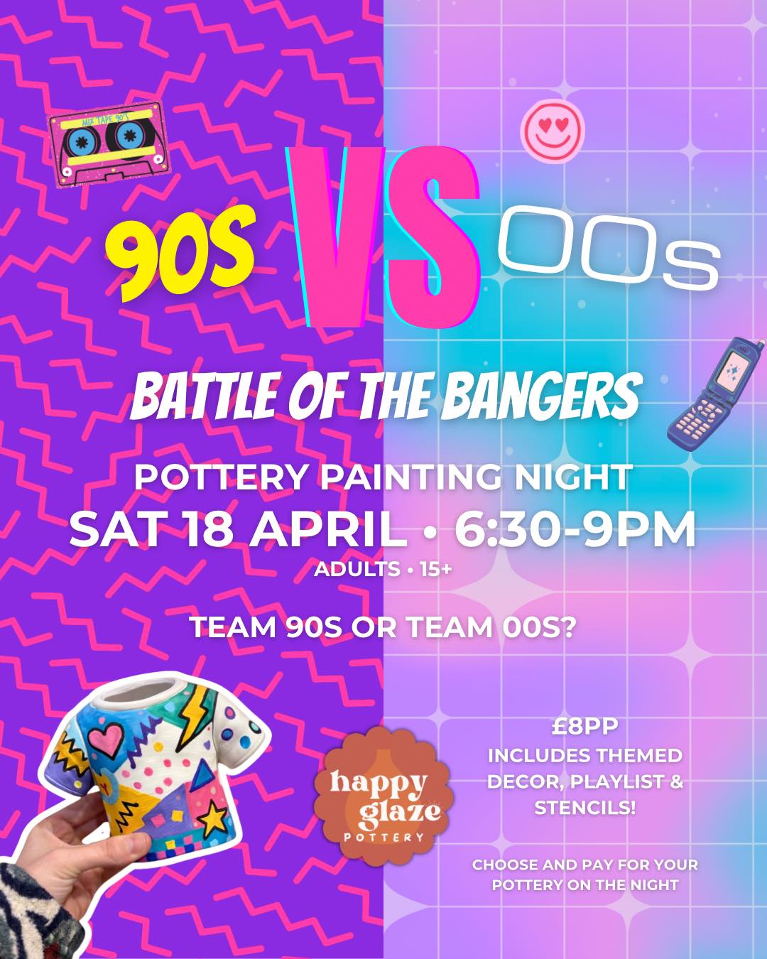 Team 90s or Team 00s? 👀
We’re settling the debate the only way we know how… with a throwback pottery painting night full of bangers 🎧🎨
Join us for a fun adults evening event (15+) with nostalgic tunes, themed stencils and plenty of painting.
✨ Themed decor & stencils
🎶 90s vs 00s playlist
🍹 Special drinks menu
🎨 Choose your pottery on the night (from around £10–£40)
📅 Saturday 18 April
⏰ 6:30–9pm
🎟 £8 entry
🔗 Book online: https://www.happyglazepottery.co.uk/events/throwback-pottery-night-90s-vs-00s
Are you Team 90s or Team 00s? Tell us in the comments 👇
#potterypainting #thingstododevon #paintandsip #90svibes #2000svibes