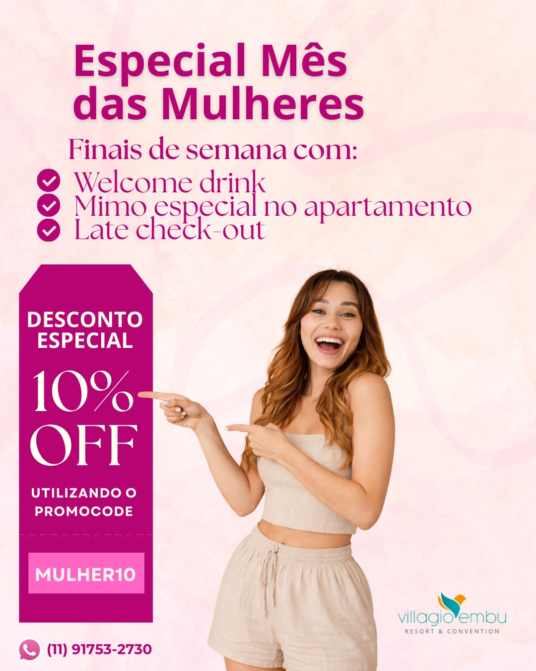 🌷 UM MÊS ESPECIAL PARA AS MULHERES 🌷
Março é o mês de celebrar quem faz a diferença todos os dias.
No Villagio Embu, preparamos uma experiência pensada para proporcionar descanso, cuidado e momentos de bem-estar, em um ambiente acolhedor e cercado pela natureza. 💆♀️✨
Experiência Bem-Estar – Pacote de Hospedagem (Março)
Inclui:
✔ 10% de desconto na hospedagem utilizando o promocode MULHER10
✔ Welcome drink
✔ Mimo especial no apartamento
✔ Late check-out (mediante disponibilidade)
Durante a estadia, aproveite também momentos dedicados ao bem-estar com atividades como:
🌿 Pilates
🧘♀️ Yoga
🤸♀️ Alongamento
💦 Hidroginástica
🚶♀️ Caminhada
Uma oportunidade perfeita para desacelerar, recarregar as energias e viver dias de tranquilidade e conforto.
📲 Planeje sua experiência no Villagio Embu e celebre o Mês da Mulher de um jeito especial. Ainda dá tempo de fazer sua reserva!
#MesDaMulher #ExperienciaVillagio #HospedagemComExperiencia #BemEstar #Relaxar #VillagioEmbu #MomentoDelas #VidaSaudavel #ExperienciaDeRelaxamento