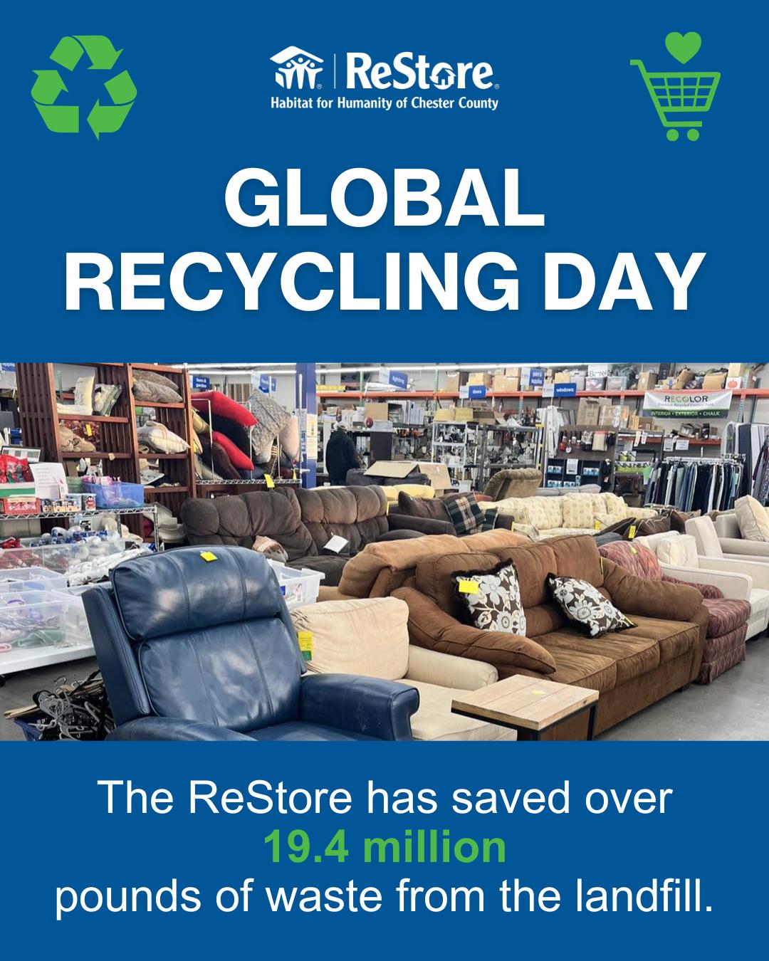 ♻️ Happy Global Recycling Day! Today, we celebrate the power of recycling and reusing to protect our planet. To date, the ReStore has saved over 19.4 million pounds of waste from the landfill.
🏡 Every donation gives new life to gently used items and helps us build secure homes in Chester County. You may qualify for a tax deduction! Please consult a tax professional for guidance.
Drop off small items from 10 AM to 4:30 PM Wednesday through Saturday, or schedule a pickup for larger donations.
Click the link in our bio to learn more!
#ReStore #HabitatForHumanity #GlobalRecyclingDay #Declutter #GiveBack #Donate #Housing #Homeownership #Community #FurnitureDonation #SupportLocal #Sustainability