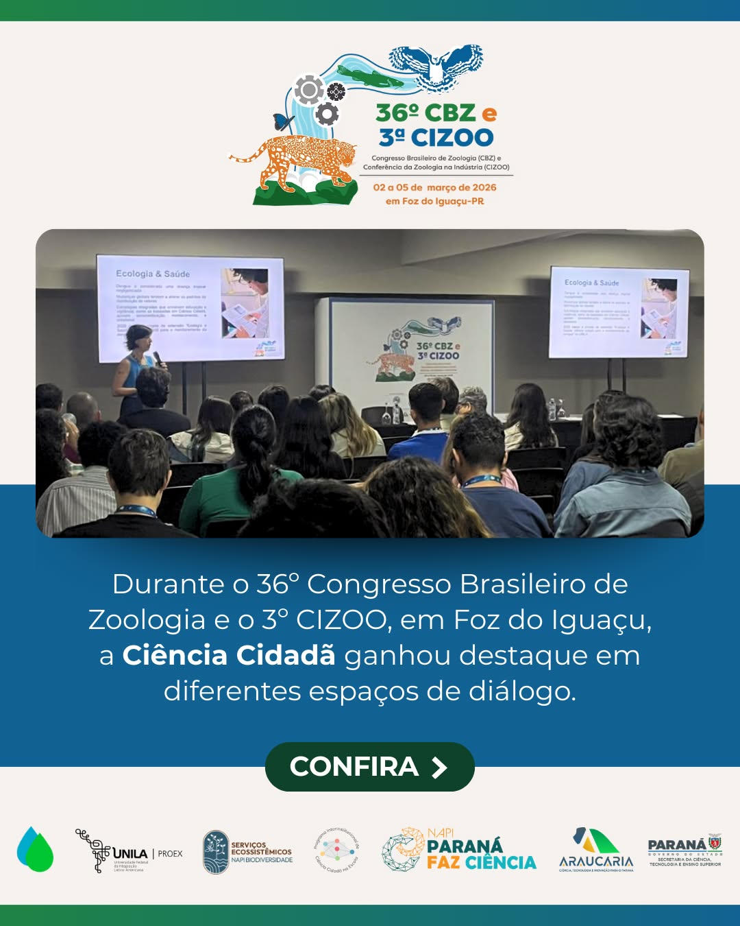 A Ciência Cidadã esteve presente na programação do 36º Congresso Brasileiro de Zoologia e do 3º Congresso Internacional de Zoologia, realizados em Foz do Iguaçu! 🌎🔬
Durante o evento, o simpósio “A Zoologia pelo olhar da Ciência Cidadã” e a oficina “Ciência Cidadã e Biodiversidade: estratégia de engajamento público para a ciência” promoveram discussões sobre o papel da sociedade na produção do conhecimento científico e na conservação da biodiversidade.
Momentos como esses reforçam que a ciência pode ser construída de forma colaborativa, com pesquisadores e cidadãos atuando juntos no registro e monitoramento da biodiversidade. 🌿🐾🔍
#cienciacidada #biodiversidade #conservacao #divulgacaocientifica #CBZ #CIZOO #fozdoiguaçu