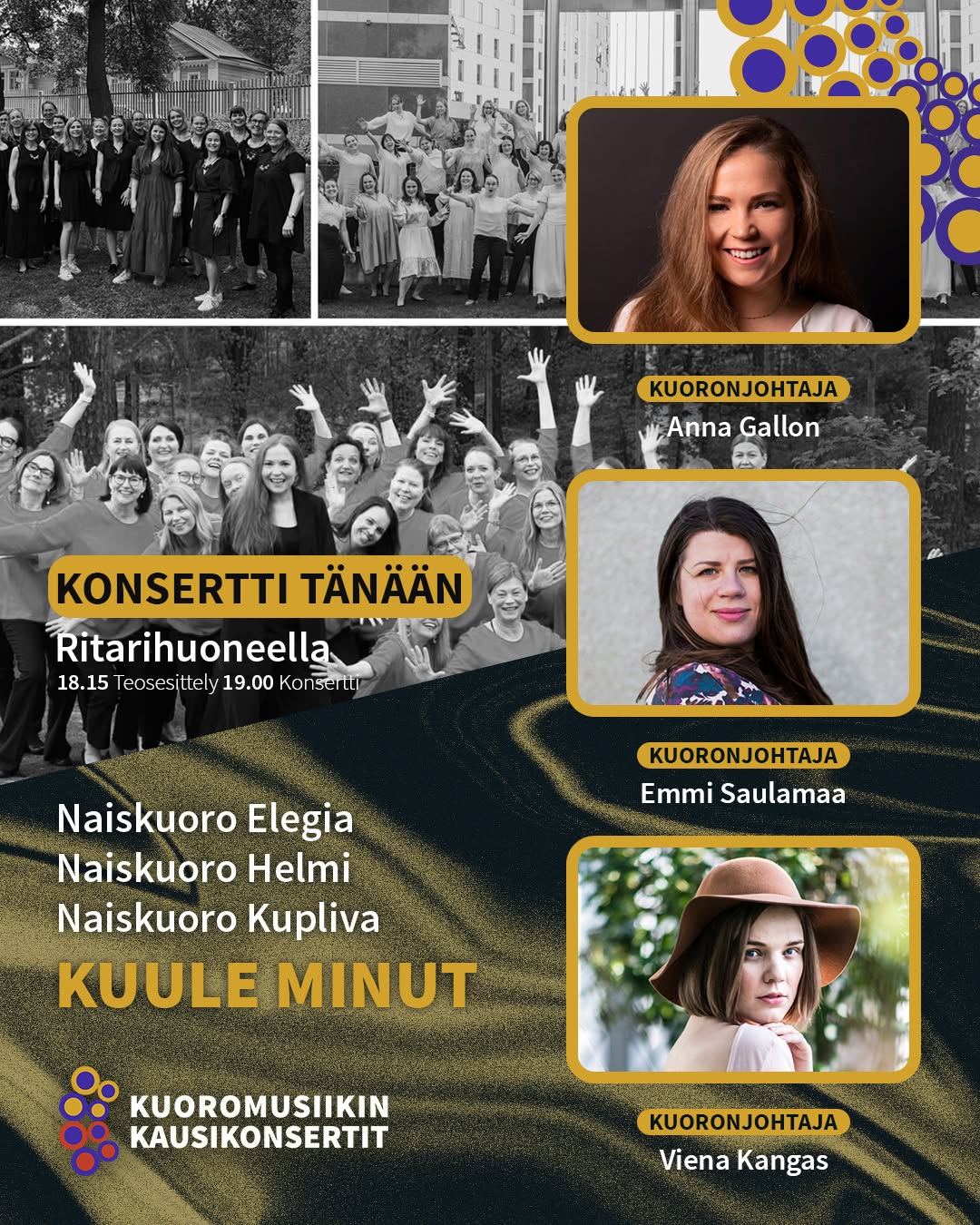 Tänään klo 19.00 Ritarihuoneella konsertoivat Naiskuoro Elegia (joht. Anna Gallon), Naiskuoro Helmi (joht. Emmi Saulamaa) sekä Naiskuoro Kupliva (joht. Viena Kangas). Muista myös teosesittely klo 18.15. Konserttikahviossa myytävänä pientä syötävää ja juotavaa klo 18.00 alkaen.
KONSERTIN ESITTELY KOTISIVUILLAMME.
#kuoromusiikinkausikonsertit
#kunmusiikkiyhdistää
@naiskuoroelegia
@naiskuorohelmi
@naiskuoro_kupliva
@anna.jasmiina
#emmisaulamaa
@viena_k
#ritarihuone