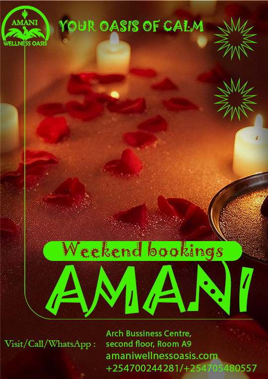 Your body worked all week. Reward it.
Take this weekend to relax, release tension, and give your body the care it deserves. Enjoy a calming massage and elevate the experience with aromatherapy — soothing essential oils that help relax the mind, reduce stress, and create a deeper sense of calm.
It’s the perfect way to reset and recharge before the new week begins.
Weekend bookings are open — treat yourself to some well-deserved wellness.
📍 Arch Business Centre, 2nd Floor, Room A9, Along Eastern Bypass
📞 0700 244 281 | 0705 480 557
#WeekendWellness #Aromatherapy #MassageTime #RelaxAndUnwind #AmaniWellnessOasis