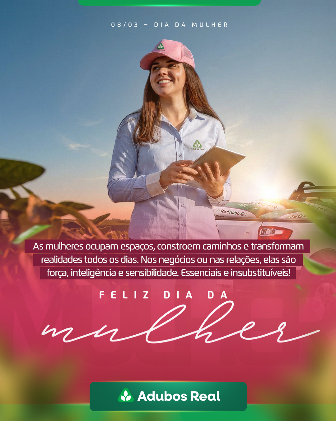 O Dia da Mulher está se aproximando, e já é tempo de reconhecer a força, a inteligência e a sensibilidade das mulheres que constroem caminhos no campo, nos negócios e na vida.💚
Na Adubos Real, valorizamos e homenageamos cada mulher que faz parte dessa jornada e contribui para um agro cada vez mais forte e humano. 🌱
Feliz Dia da Mulher! 🌸
Compartilhe este post com as mulheres que fazem a diferença na sua vida. 💚
#diadasmulheres #Adubosreal #mulheres #8demarço #mulheresnoagro