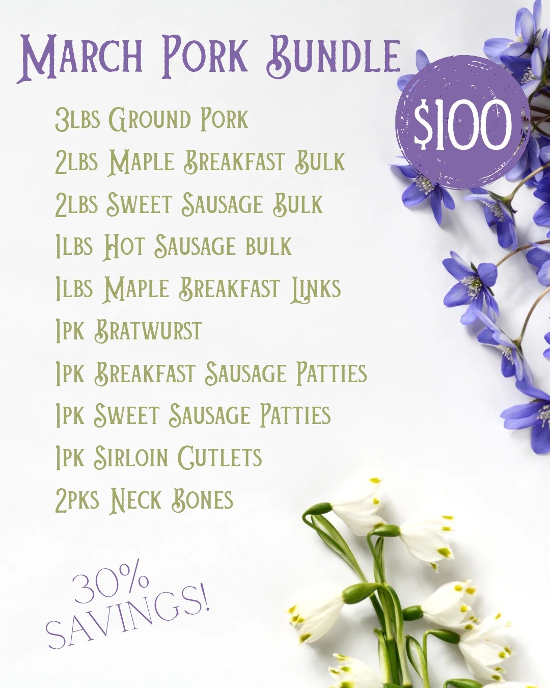 MARCH PORK BUNDLE OFFER!
BUNDLE DETAILS
The March Pork Bundle is available for $100, providing you with a substantial value. By purchasing this bundle, you save 30% compared to buying the included items individually.
HOW TO RESERVE YOUR BUNDLE
To reserve your March Pork Bundle, please text Becky at 518-573-1977. When you send your message, be sure to include your name, the name of the bundle ("March Pork Bundle"), and your planned day and time (AM or PM) for pick-up.
PICK-UP INFORMATION
Bundles will be ready for collection in our farmstand freezer. Please wait for a verification text from Becky, as the number of bundles available each day is limited. This confirmation ensures your bundle is reserved for you.
PAYMENT OPTIONS
We accept cash, checks made out to "Johnk Family farm LLC," and Venmo (a QR code will be available on the table for your convenience). Please add 3% when paying with Venmo!
INPORTANT NOTES
⢠Bundles are subject to availability and may include substitutions if necessary.
⢠Please make sure you receive a verification text to confirm your bundle reservation.
Thank you for your interest and support!
Johnk Family Farm Farmstand
4037 State Route 81
Greenville, NY 12083