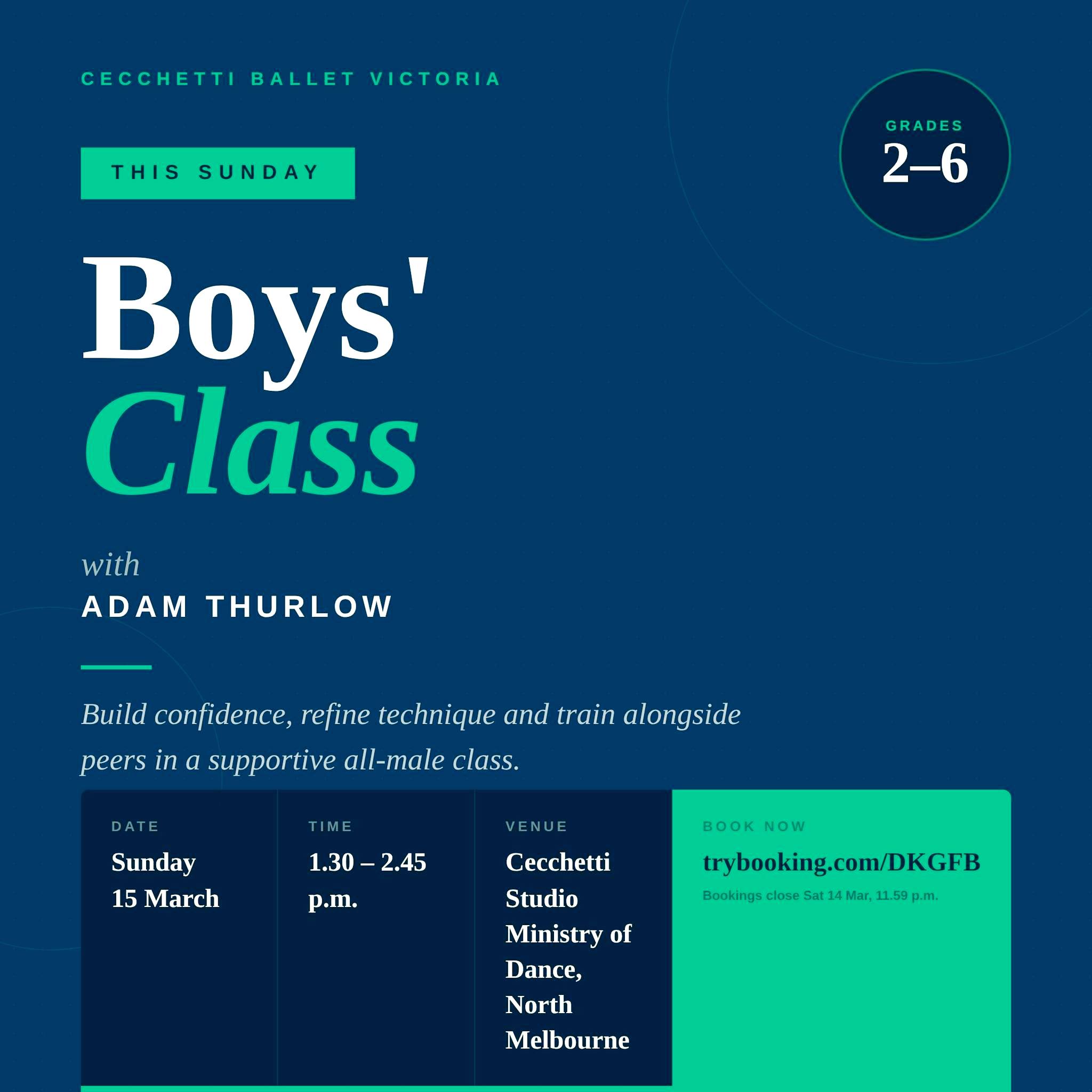 This Sunday is our next Boys' Class and there's still time to register!
Open to boys studying Grades 2–6, this is a fantastic opportunity to train in a supportive, all-male environment, building confidence and refining technique with peers.
📅 Sunday 15 March
⏰ 1.30 – 2.45 p.m.
📍 Cecchetti Studio, Ministry of Dance
64 Sutton Street, North Melbourne
Bookings close at 11.59 p.m. Friday 13 March.
Book via TryBooking 👉 https://www.trybooking.com/DKGFB
#CecchettiBalletVictoria #BoysDance #CecchettiMethod #maledancers
