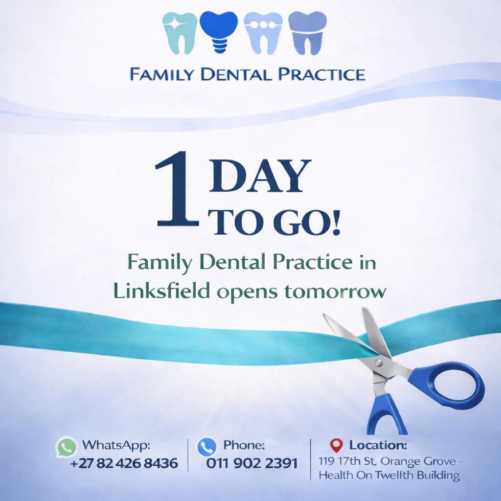 ✨ The countdown is almost over!
Family Dental Practice in Linksfield opens tomorrow! 🦷
We can’t wait to welcome you to our brand-new practice.
📅 Book your appointment today and be among the first to visit!
📱 WhatsApp: +27 82 426 8436
☎ Phone: 011 902 2391
📍 Health On Twelfth Building, 119 17th St, Orange Grove