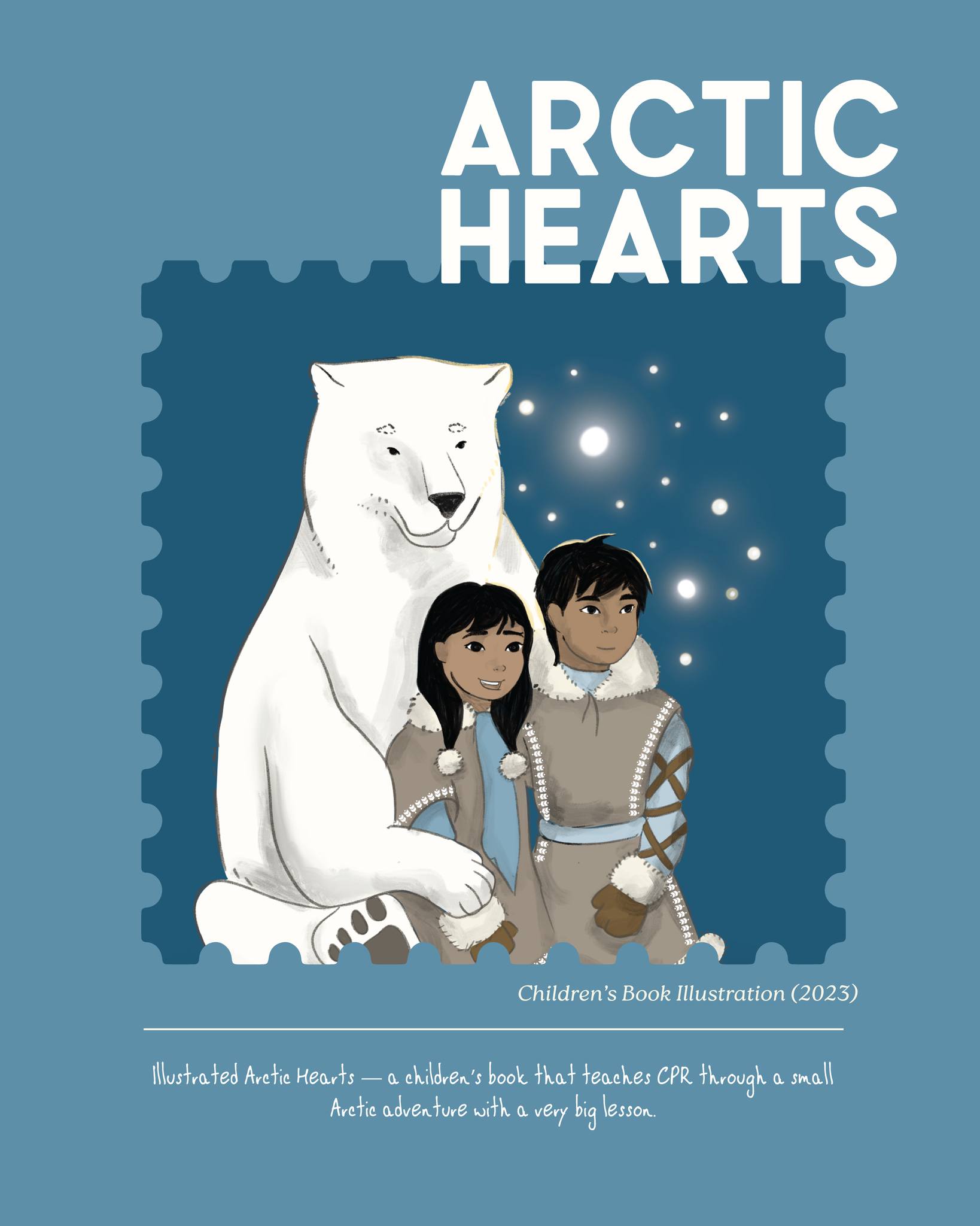 Illustrating a children’s book about CPR was not something I expected to have on my bingo card — but here we are.
Arctic Hearts is a children’s illustrated book created with Becton, Dickinson and Company (BD), built around a simple but important idea: teaching kids the basics of CPR through story and imagery.
The book follows Nuna and Tai on a small Arctic adventure to help their uncle who suddenly falls ill. Along the way, the narrative quietly introduces the steps of CPR in a way that feels natural within the story rather than instructional. The challenge from an illustration standpoint was making sure the visuals were clear enough for kids to remember, while still feeling playful and cinematic.
Character development played a big role here. Nuna, Tai and Lima each needed distinct personalities that translated visually — through posture, expression and movement — so young readers could follow the story intuitively.
The Arctic setting also gave a lot of room for visual storytelling: wide snowy landscapes, wildlife moments, and a few hidden easter eggs throughout the pages (including little cameos of the team who worked on the book).
A slightly unusual brief, a lot of research, and one very wholesome project.
Arctic Hearts is currently available in Switzerland.