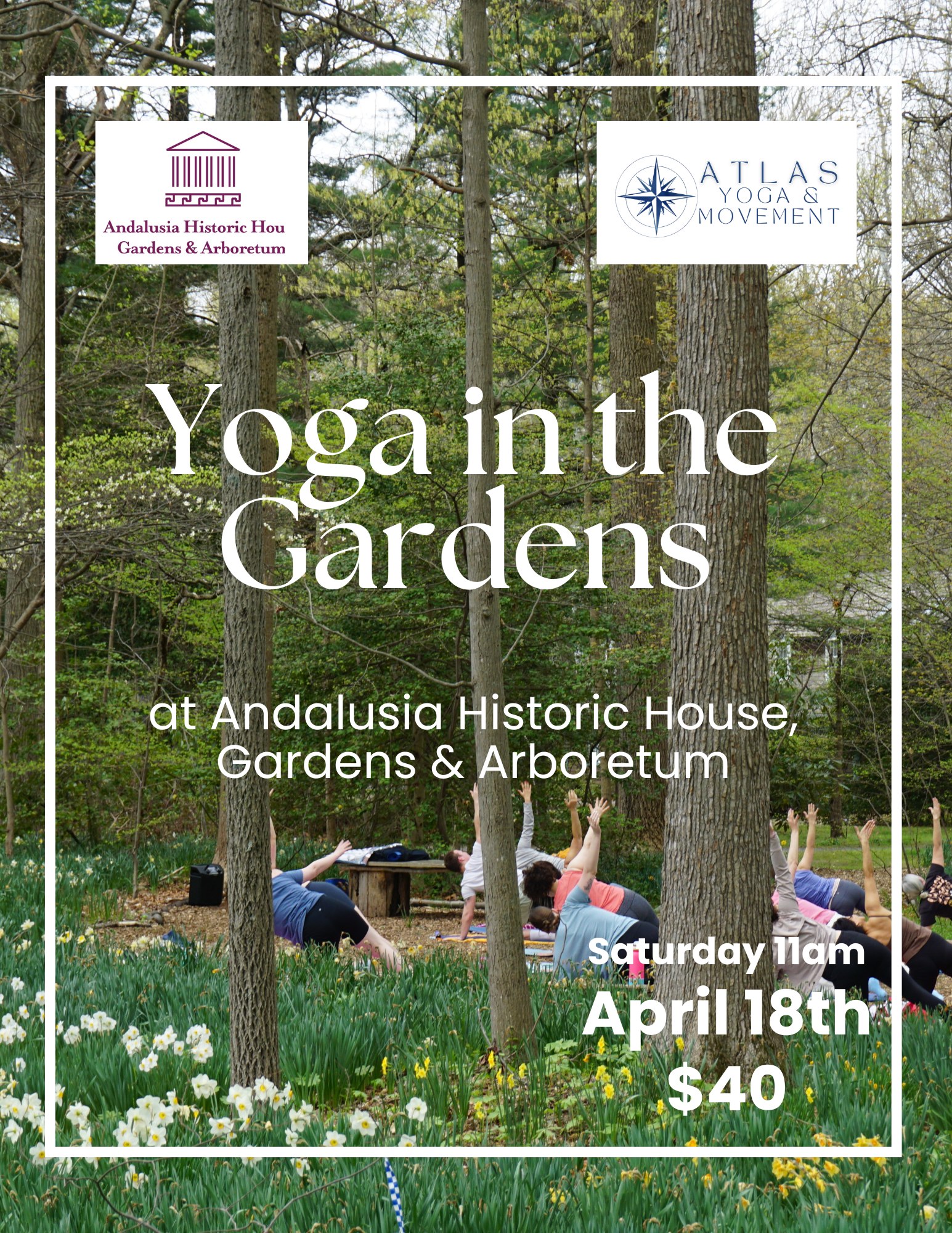 IT'S BACK!!
....Which means Spring is almost here!
🌿 Stretch, breathe, and flow amidst nature!
Join Atlas Yoga & Movement for
a 1-hour Vinyasa Flow yoga class on the beautiful Andalusia grounds. Includes gardens admission for the day.
Bring a mat & blanket, explore the gardens, and move in the fresh air.
🗓 Select Saturdays: Apr 18, May 30, Jun 27, Sep 19, Oct 10, Nov 7
⏰ 11am
🎟 Tickets: https://events.ticketleap.com/tickets/andalusiapa/yoga-in-the-gardens-2026