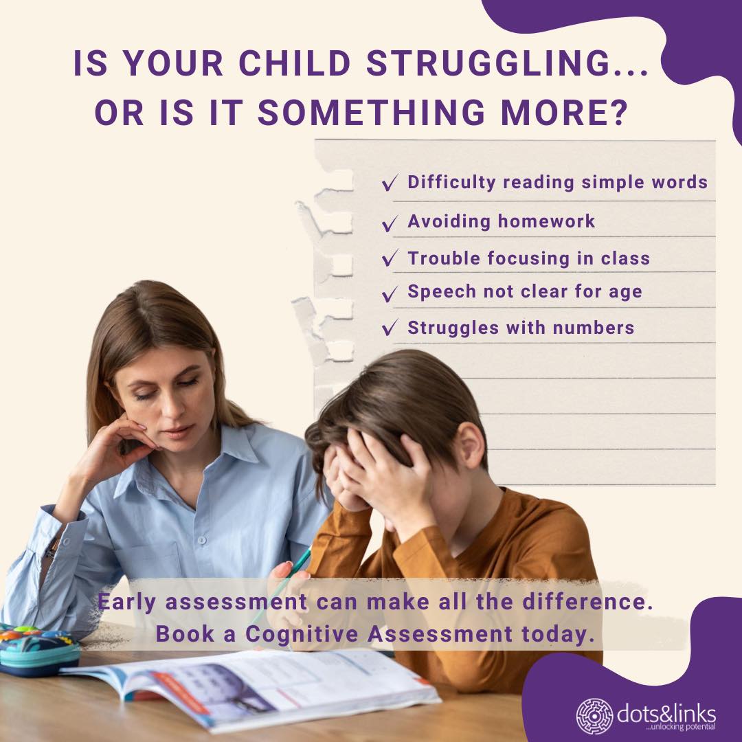 Sometimes a child’s struggles in school are more than just a temporary phase.
Difficulties with reading, focusing, speech, or numbers can be early signs that a child may benefit from additional support. Identifying these challenges early allows children to receive the right guidance, build confidence, and reach their full potential.
An early assessment can provide clarity and help parents understand the best next steps for their child’s learning journey.
Book a cognitive assessment today and take the first step toward understanding and supporting your child’s learning needs.