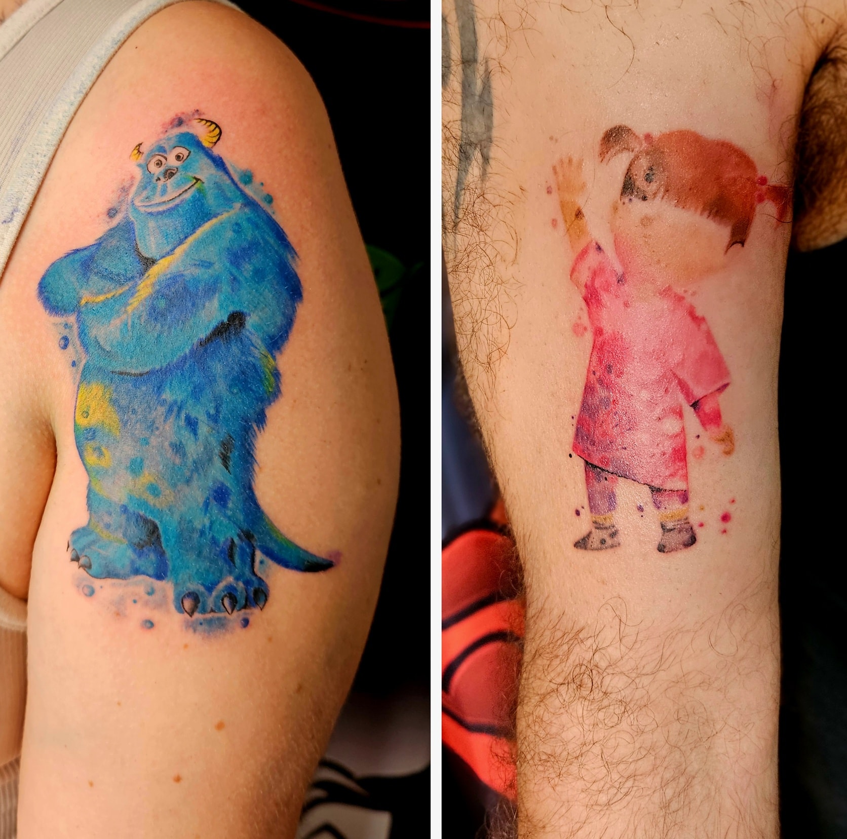 Monsters inc. Watercolour tattoos š done by Pete @Pete_Explicit Ink #tattoo #watercolourtattoo #monstersinc #explicitinktattoo #ink #graywashtattoo #melbournetattoo #tattooistnearme #stalbanstattoo