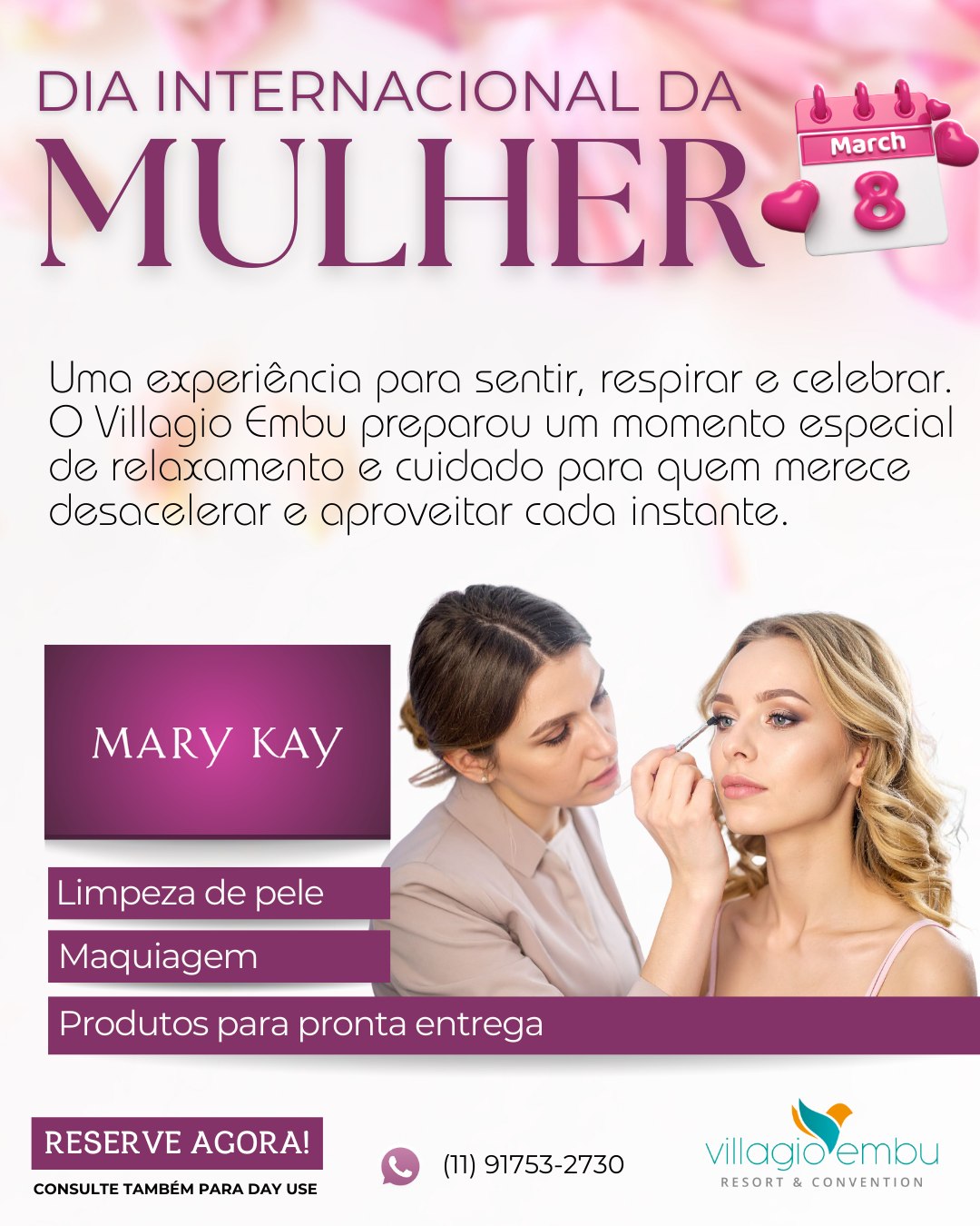 DIA INTERNACIONAL DA MULHER
💆♀️ EXPERIÊNCIA BEM-ESTAR – HOSPEDAGEM
Um convite para desacelerar e aproveitar dias de conforto e tranquilidade.
Inclui:
✔ Welcome drink
✔ Mimo especial no apartamento
✔ Late check-out (mediante disponibilidade)
☀️ DAY USE “MOMENTO DELAS”
Perfeito para quem quer aproveitar um dia especial com toda a estrutura do hotel.
Acesso à toda a estrutura de lazer
Piscinas, natureza, conforto e momentos pensados para quem merece se cuidar e celebrar.
📲 Reúna as amigas ou venha viver seu momento especial no Villagio Embu. Ainda dá tempo de fazer sua reserva!
#MesDaMulher #MomentoDelas #ExperienciaVillagio #DayUse #Hospedagem #BemEstar #VillagioEmbu #Relaxar #ViagemEntreAmigas