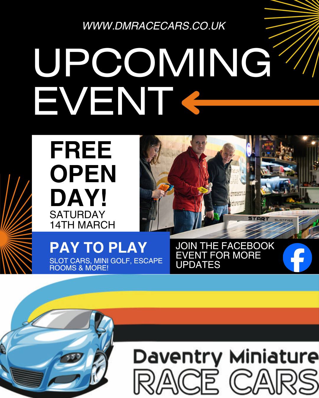 📢SAVE THE DATE!📢 NEXT SATURDAY! 14th March
OPEN DAY at Daventry Miniature Race Cars #dmrc
FREE ENTRY to look around - see all the work we've been doing, explore miniature world, model railways and the brick built movie dioramas for all you #Lego fans.
You can then PAY TO PLAY on the day! No booking required for:
🏎 Slot car racing! 🏁
⛳ NEW Mini Golf! 🌆
🎯 Axe throwing!
🔒Escape Rooms!
Snacks and bar kiosk open all day, free parking. We're off the A425 between Staverton and Southam, just outside of Daventry. Everyone welcome!
Last entry 3pm.
Tag and share who you'd like to bring!
Can't wait to see you on the day.
#racecars #axethrowing #lego #escaperooms #minigolf #dmrc #DMRC #escaperoom #modelrailway #familyfun #modeltrains #ThingsToDoWithKids #daventry #slotcarracing #slotcars #miniatureworld #modelcars