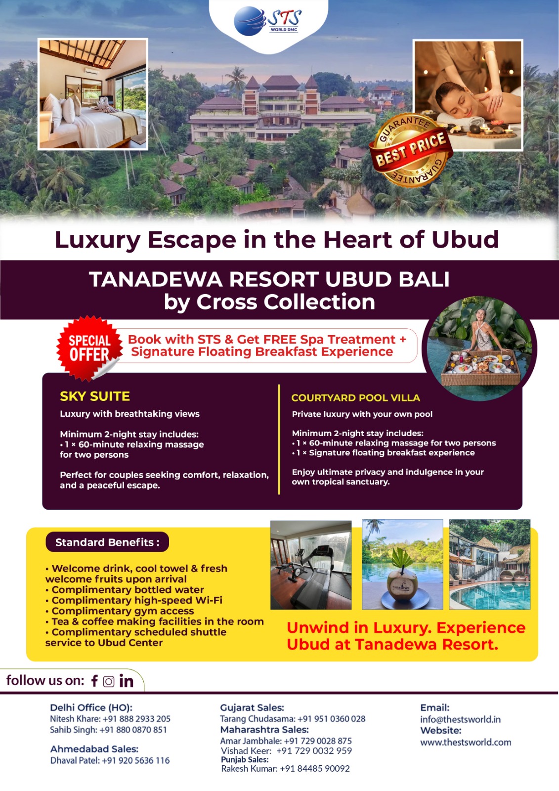 🌴 Tanadewa Resort – Luxury escape in the heart of Ubud⭐| FREE spa treatment and signature floating breakfast with STS!
🌐 www.thestsworld.com
✉️ info@thestsworld.in
.
--CALL NOW!--
Delhi Office (HO):
Nitesh Khare: +91 888 2933 205
Gaurav Tuteja: +91 931 1158 712
Sahib Singh - +91 880 0870 851
Maharashtra sales:
Amar Jambhale: +91 7290028875
Vishad Keer: +91 729 0032 959
Gujarat Sales:
Tarang Chudasama: +91 951 0360 028
Ahmedabad Sales:
Dhaval Patel: +91 920 5636 116
Punjab Sales:
Rakesh Kumar: +91 8#TravelDeals
#TanadewaResort #UbudBali #STSWORLD #LuxuryEscape #BaliResorts #FloatingBreakfast #SpaVacation