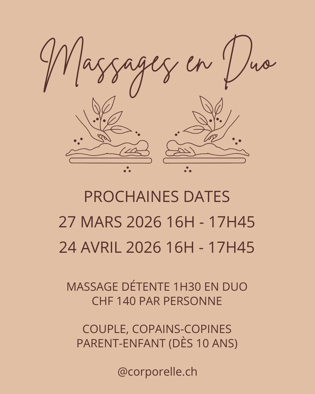 Massage détente en Duo 🤍
Offrez-vous une parenthèse de bien-être à deux, en couple, entre copains, parent-enfant (dès 10 ans).
Un moment hors du temps, placé sous le signe de la détente, de la douceur et du lâcher-prise, pour se retrouver et savourer pleinement l’instant présent.
🌸 Massage du corps en duo – durée 1h30
💫 Tarif : 280 CHF pour deux
🕰 Horaires disponibles : 27 mars à 16h et 17h45 et 24 avril à 16h et 17h45
📩 Réservations ouvertes – places limitées
Nous nous réjouissons de vous accueillir et de prendre soin de vous.
Brigitte & Myriam 💕
📍 Cabinet Corporelle.ch – Brigitte Borloz – Hameau de la Gare - Les Diablerets
🌐 Réservation en ligne : www.corporelle.ch/reservations
📱 Pour me joindre : +41 77 481 02 85 ou email : info@corporelle.ch
Thérapeute agréée ASCA et RME (selon les soins)
@arcad_lesdiablerets
@diablerets
#massageduo
#lesormonts
#vaudbienetre
#detentevaud
#momentadeux
#douceur
#relaxation
#parenthesebienetre
#amourendouceur
#escapadevaudoise
#bienetreaeux
#instantsuspendu
#detenteenfamille