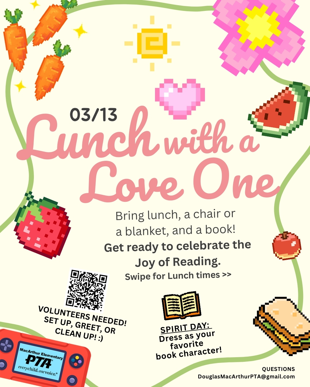 Our Lunch with a Loved One event is almost here, and we’re celebrating one of the greatest adventures of all — reading! Bring your favorite grown-up, a lunch, a cozy blanket or chair, and of course… a great book. Let’s turn lunchtime into a storytime quest full of imagination, laughter, and love for reading. 🦅✨
📅 Friday, March 13
⏰ Lunch Times
TK: 12:05–1:05 PM
K: 11:45–12:25 PM
1st: 11:55–12:35 PM
2nd: 12:20–1:00 PM
3rd: 12:35–1:15 PM
4th: 12:40–1:20 PM
5th: 12:40–1:20 PM
📖 Bring lunch, a chair or blanket, and a favorite book and get ready to celebrate the JOY OF READING together.
Location:
TK/K - enter through their gates
1-5 - enter back gate on Henrilee St.
🎭 Want to add a little extra fun?
Students can dress as their favorite book character (optional).
🦅 Uniforms are always welcome and all outfits must follow school dress code guidelines.
🙌 Volunteers needed!
Help us set up, greet families, or clean up so we can make this reading celebration amazing. 📲 Scan the QR code or use the link in bio to sign up.
#MacArthurPTA #GameOnMacArthur #LunchWithALovedOne #JoyOfReading #FamilyReading #MacArthurElementary #SchoolCommunity #ReadersAreLeaders #ElementarySchoolEvents #LongBeachSchools #EaglePride