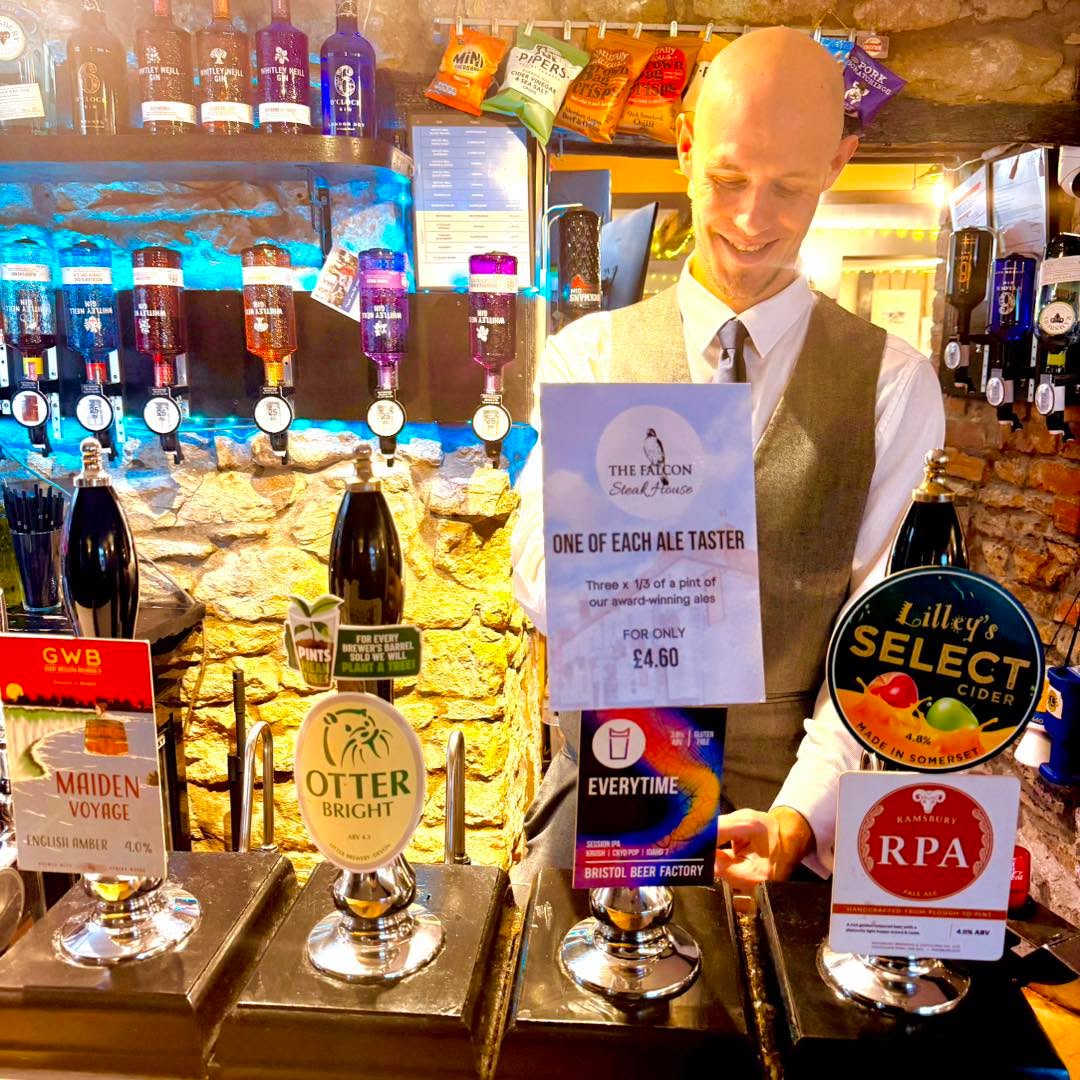 🍺🍺🍺🍺🍺Todays real ales🍺🍺🍺🍺🍺
Today's fantastic four real ales and guest cider. Come and enjoy a bit of me-time in our lovely lounge bar.
Otter Brewery Bright ale 4.3%
Hop Union Brewery maiden voyage 4%
Ramsbury Brewery RPA 4%
bristolbeerfactory Everytime 3.8%
lilleyscider select 4.8%
Not sure which one to have? why not have one of our Beer flights for £4.60 where you get to choose 3 x One thirds of any of our real ales. A chance to taste some fantastic local beers.
See you later!
Cheers
🥩🥩🥩🥩🥩🥩🥩🥩🥩🥩🥩🥩🥩🥩
For all table bookings please click on the link below
⬇️
https://www.falconsteakhouse.com/book-now/ If there isn't a slot available drop us a message and we can add you to our cancellations list
☎️ 01453521894
💻 www.falconsteakhouse.com
📸 @falcon_steakhouse
#falcon #falconsteakhouse #steak #pub #farmtofork #steakhouse #supportsmallbusinesses #fblifestyle #independant #steakking #wottonunderedge #wotton #cotswolds #beef #restaurant #fillet #tomahawk #tbone #supportbritishfarming #glos