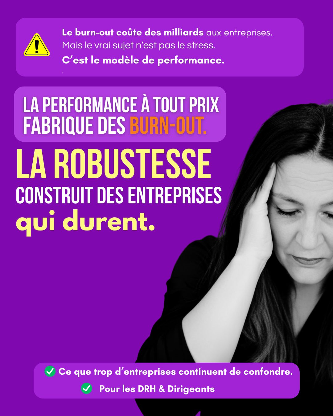 La fabrique à burn-out.
La performance à tout prix fabrique des burn-out.
La robustesse fabrique des entreprises qui durent.
Aujourd’hui, beaucoup d’entreprises pilotent encore la performance
comme ça :
→ plus vite
→ plus de résultats
→ plus de pression
→ moins de marge d’erreur
Pendant un temps, ça marche.
Puis les signaux apparaissent.
Les premiers signaux sont discrets :
▫️ irritabilité dans les équipes
▫️ fatigue chronique
▫️ tensions relationnelles
▫️ désengagement progressif
Mais ils sont souvent ignorés.
Parce que les résultats sont encore là.
Puis le système commence à se fissurer :
❌ burn-out
❌ turnover
❌ perte de savoir-faire
❌ managers épuisés
La performance à court terme a fragilisé l’organisation.
Une entreprise robuste fonctionne autrement.
Elle ne cherche pas seulement à performer.
Elle cherche à tenir dans la durée.
Elle développe :
Des équipes solides
Une régulation du stress
Une capacité d’agir et d'agilité
Une intelligence collective
La robustesse organisationnelle, c’est :
→ détecter les signaux faibles
→ réguler les tensions tôt
→ soutenir les managers
→ préserver l’équilibre des équipes
Ce n’est pas du confort.
C’est de la stratégie.
Un système sous tension ne se répare pas avec :
❌ des ateliers bien-être isolés
❌ une semaine QVCT
❌ quelques actions symboliques
La robustesse se construit dans la durée.
Chez Tatsucolor nous travaillons précisément là :
→ repérage des signaux faibles
→ prévention des RPS
→ régulation du stress des équipes
→ développement de la robustesse managériale
Parce qu’une entreprise solide est une entreprise qui respire.
La vraie question n’est pas :
« Comment augmenter la performance ? »
Mais plutôt :
« Notre organisation est-elle assez robuste pour durer ? »
💬 Dans votre entreprise :
vous travaillez plutôt la performance… ou la robustesse ?