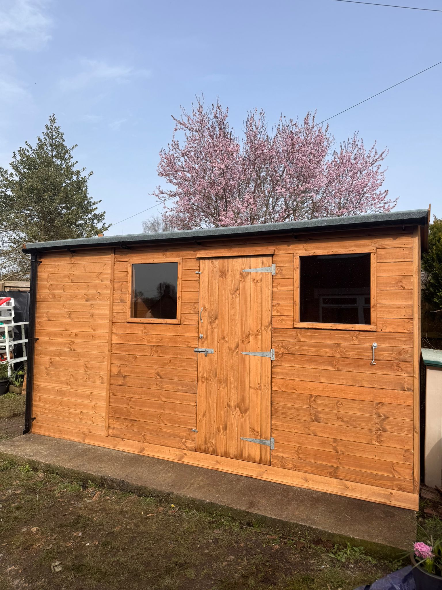 14' by 8' Combi Shed.
* 12mm thick TGV cladding
* 3" by 2" CLS framework
* 11' by 8' shed with 2 windows and single door
* 3' by 8' shed with double doors
* Guttering
* Bearer base and skirting
*Take down, Take away of old shed
Ordered, built, delivered and erected within 3 weeks.
www.halstocksheds.co.uk