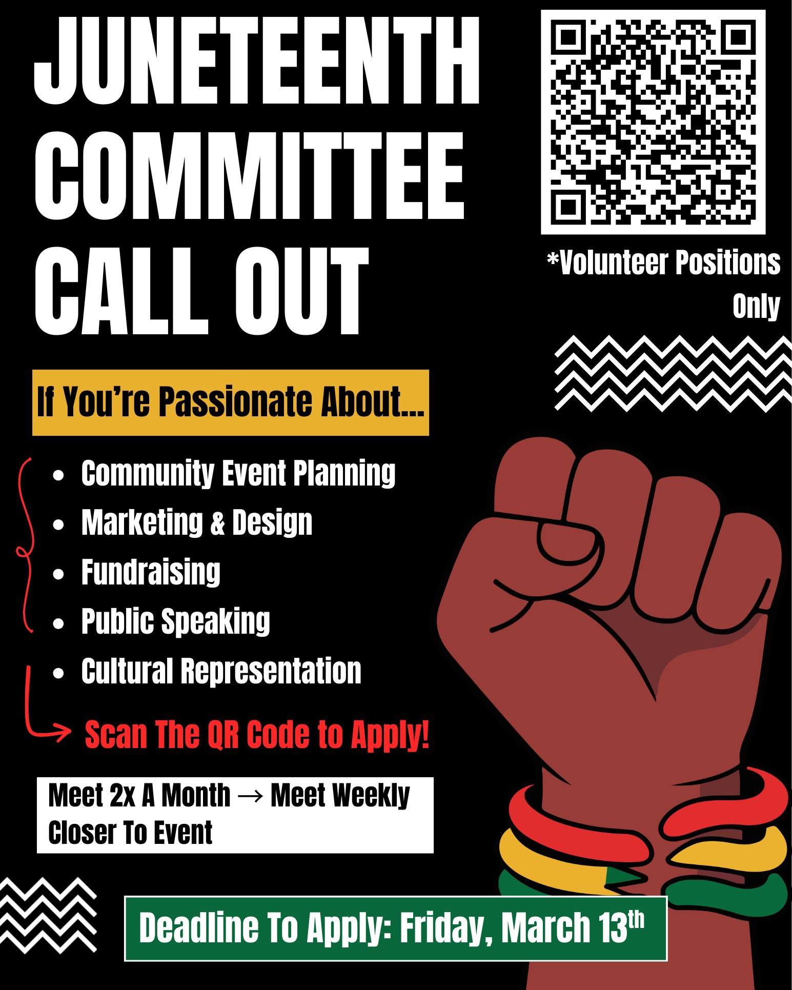 Do you have a passion for community event planning, marketing, fundraising, public speaking, or cultural representation? Scan the QR code to become a part of the Juneteenth Committee!!!