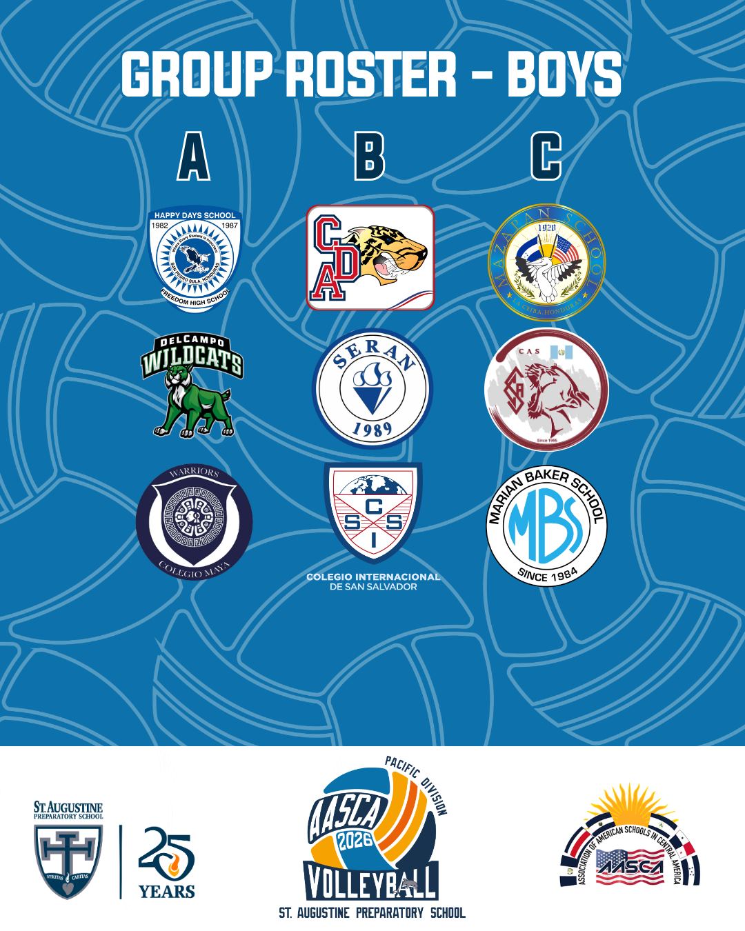 🏐 The Group Roster for the Boys division is live! We cannot wait to host you next week for this year's Pacific Division AASCA Volleyball Tournament! Stay tuned for more information as the tournament approaches. 🏐