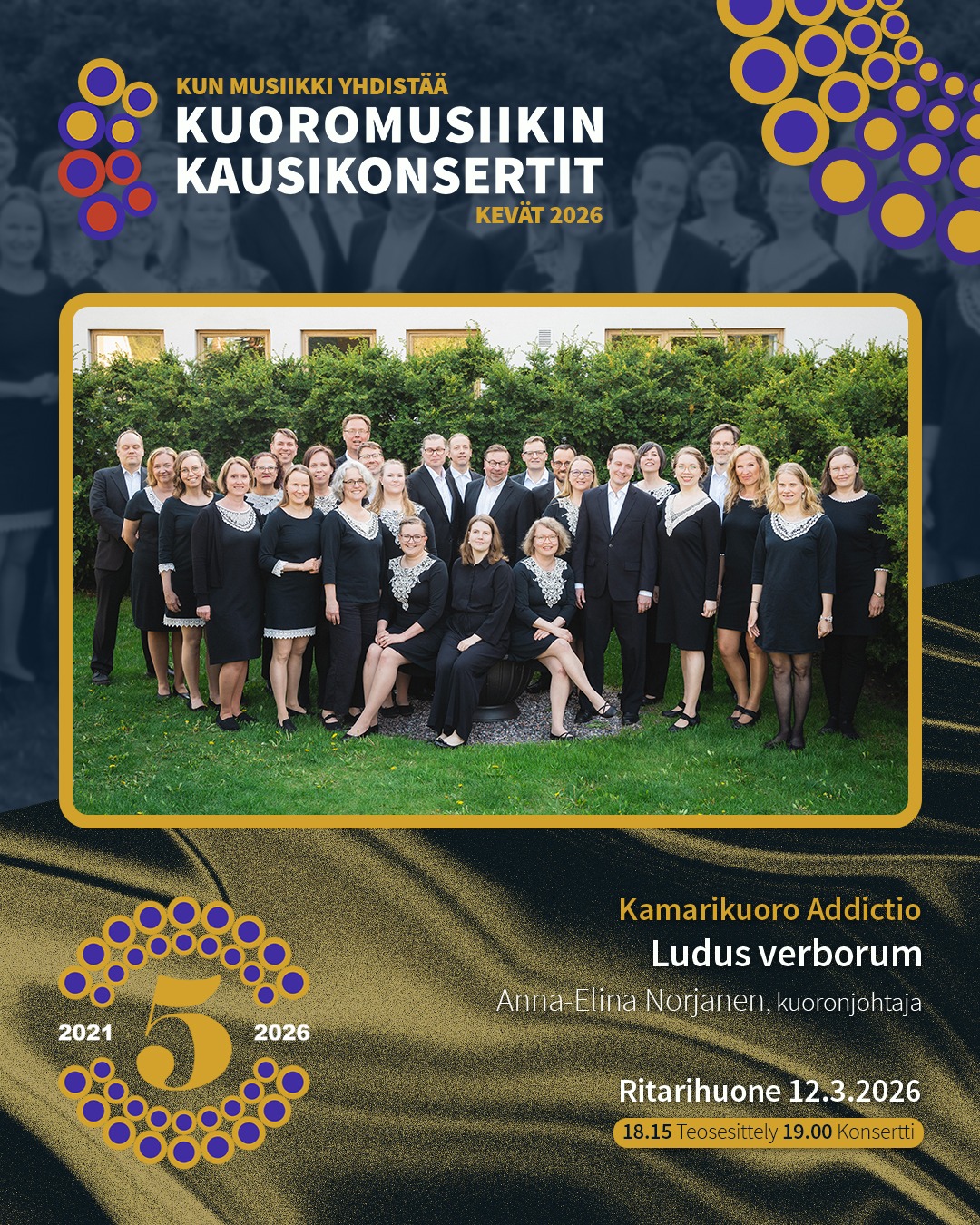 Tänä torstaina 12.3. vuorossa on Kamarikuoro Addictio, johtajanaan Anna-Elina Norjanen. Illan "Ludus verborum" -konsertti alkaa Ritarihuoneella klo 19.00 ja sitä edeltää teosesittely klo 18.15.
KONSERTIN ESITTELY KOTISIVUILLAMME.
#kuoromusiikinkausikonsertit
#kunmusiikkiyhdistää
@kamarikuoroaddictio
#annaelinanorjanen
#ritarihuone