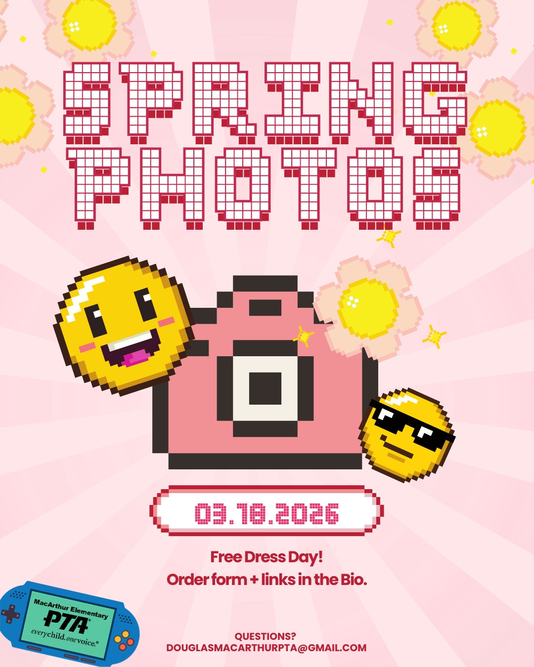 📸 SPRING PHOTOS
Time to freshen up those smiles — Spring Picture Day is almost here! Get ready for bright smiles, fresh looks, and memories that will last all year.
📅 March 18, 2026
✨ Free Dress Day! Bring your best spring style and camera-ready smiles.
🎓 5th Grade Promotional Pictures will also be taken this day — a special snapshot as our Eagles get ready for their next big level.
👉 Order forms + photo links are available in the bio
#GameOnMacArthur #MacArthurPTA #SpringPhotos #PictureDay #MacArthurElementary #SchoolMemories #EaglePride #SchoolCommunity #LongBeachSchools #SpringAtMacArthur