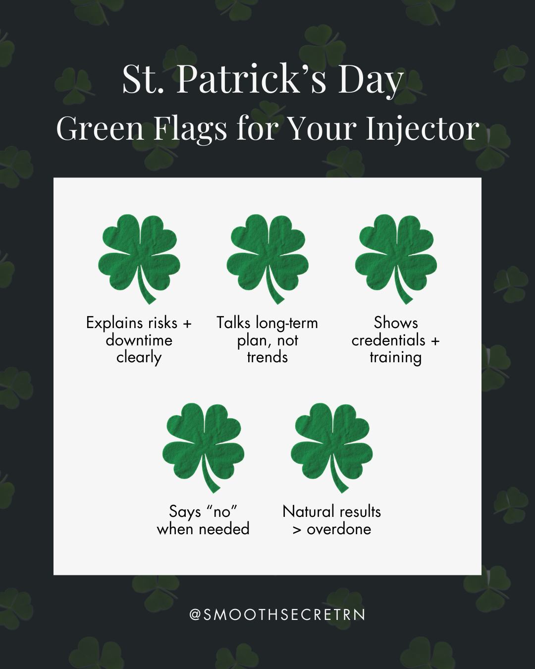 Happy St. Patrick’s Day, Sherwood Park 🍀
Here are a few green flags we love to see when you’re choosing an injector:
✅ Clear answers
✅ A real assessment before treatment
✅ A plan that fits your face and your timeline
✅ Honest expectations
Drop a 🍀 if you’ve ever had a consult that didnt feel rushed!
————————
Smooth Secret RN 💋 It’s our Secret
Jo-Lynn Gibbs RN, BScN + Pailey Corbett RN, BScN
#SherwoodParkAesthetics #BotoxSherwoodPark #SkinClinicSherwoodPark