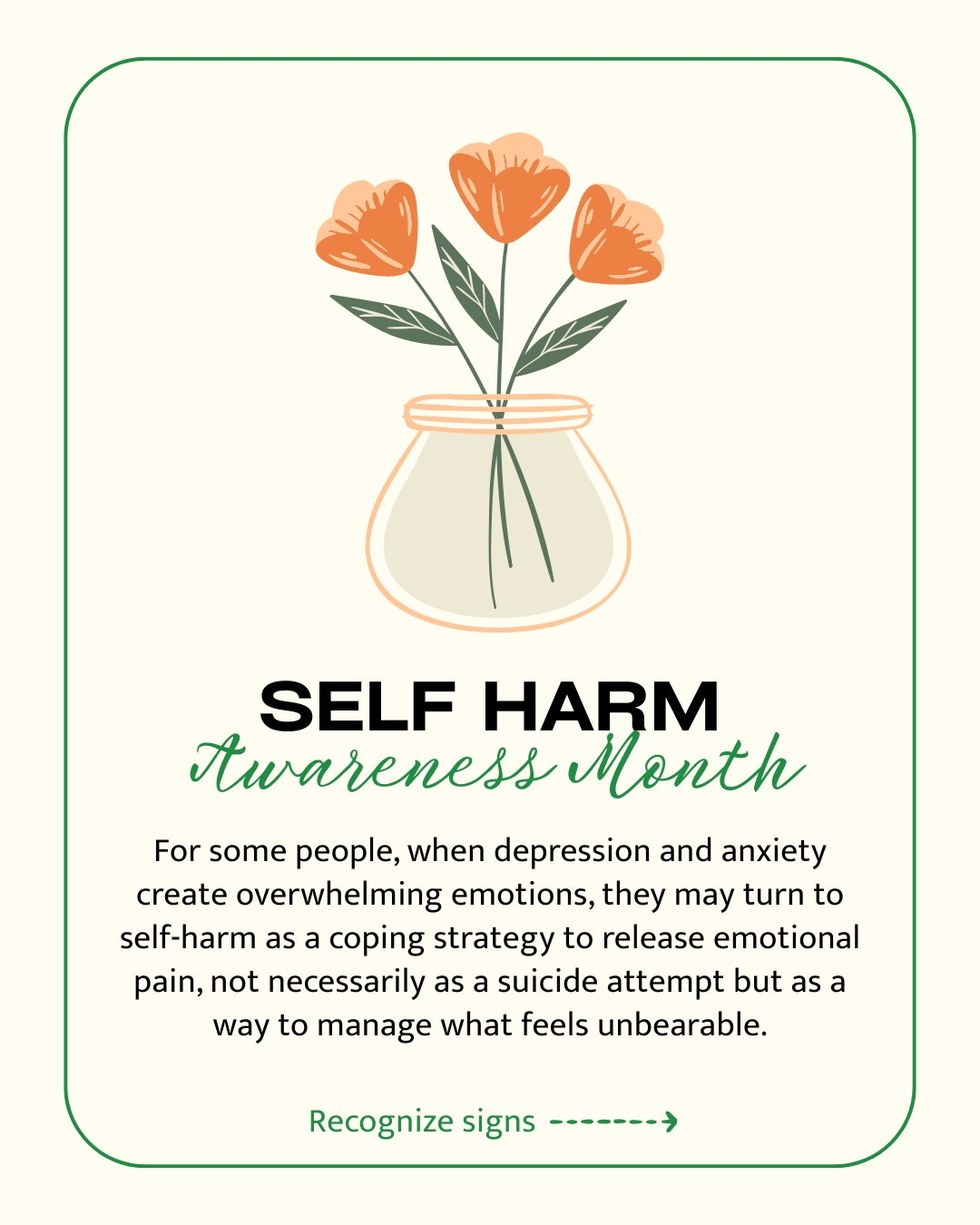 March is Self-Harm Awareness Month, a reminder that many people cope with overwhelming emotions in ways we may not always see. 💚
Learning the signs of self-harm helps us respond with compassion and support the people around us.
If you or someone you know needs support, text CONNECT to 741741 to reach a trained Crisis Counselor anytime.
#selfharmawareness #selfharmawarenessmonth #selfharmprevention #spokanenonprofit