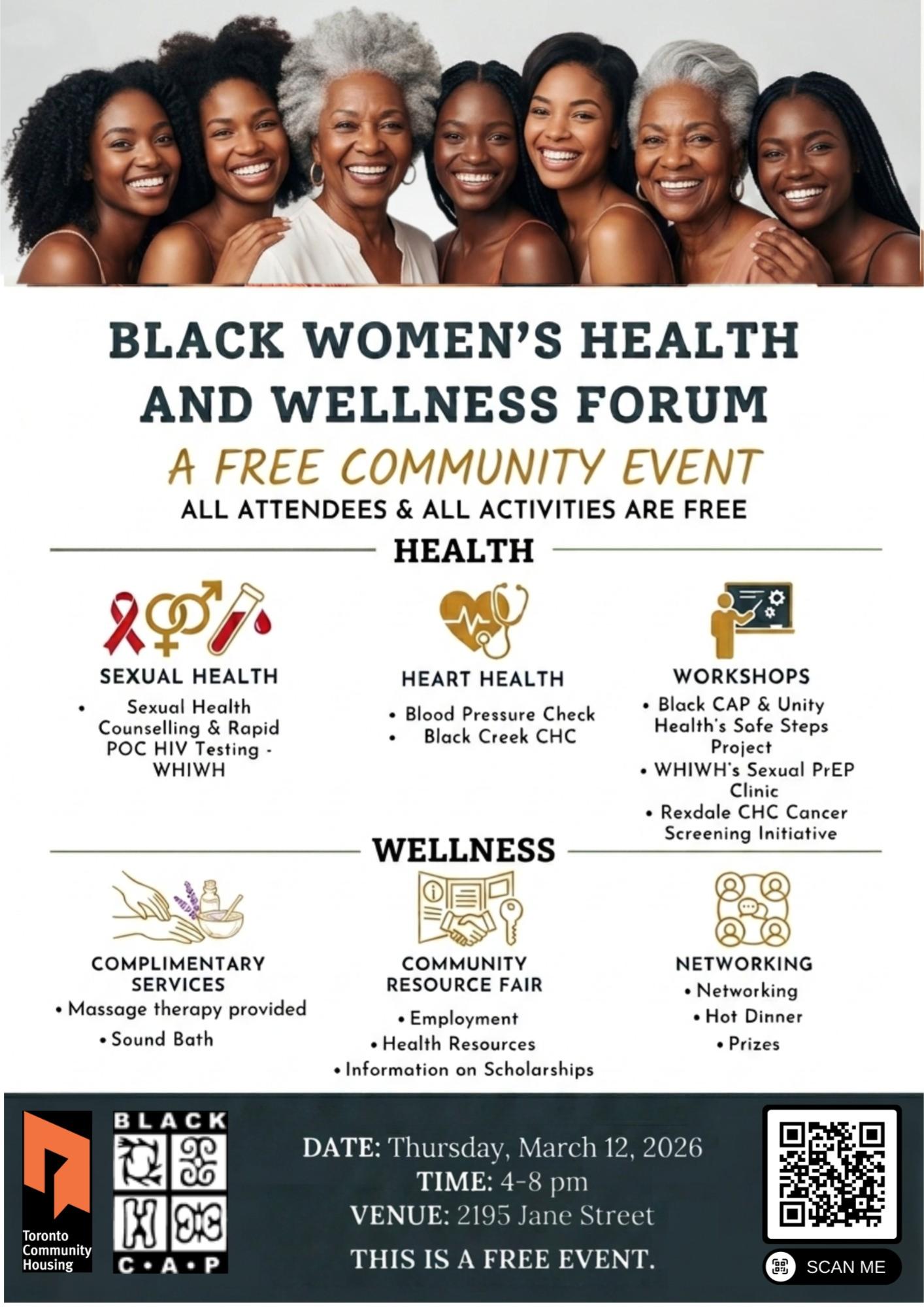 WHIWH-CHC will be part of a powerful gathering created for African, Caribbean, and Black women and rooted in our shared stories, strength, and wellness traditions.
Join us as we come together in community to uplift our health, our voices, and our collective well‑being.
What’s happening at the forum:
☑️ Workshops on Black CAP & Unity Health’s Safe Steps Project
☑️ Workshops on WHIWH’s culturally grounded services
☑️ System navigation support tailored for ACB women
☑️ A vibrant community resource fair
☑️ Sexual health counselling and referrals
☑️Complimentary massage therapy to honour and restore our bodies
A hot, delicious dinner will be served as we connect, learn, and celebrate our wellness journey together.
We look forward to welcoming you into this space of sisterhood, healing, and empowerment.
Please register using the link provided below.
https://shorturl.at/ZGX7I
