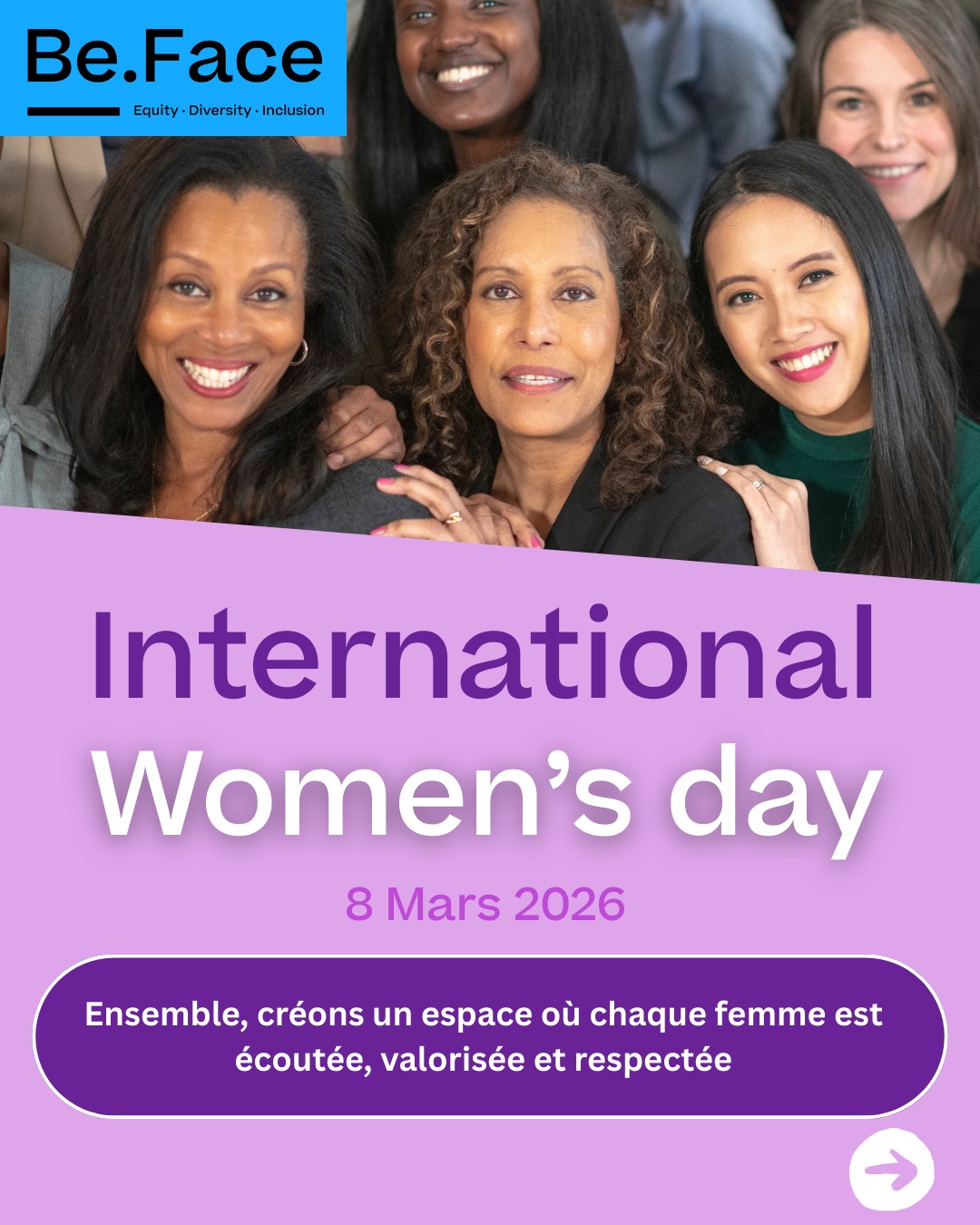 Journée internationale des droits des femmes💜
Chez Be.Face, le mentorat aide chaque femme à développer son potentiel, renforcer sa confiance et élargir son réseau.
Étudiante, jeune diplômée ou chercheuse d'emploi ? Rejoins gratuitement notre programme de mentorat et fait un pas concret vers ton avenir professionnel.
📅 Le 8 mars, marchons ensemble pour l’égalité et la solidarité.
🫴 Engage ‑toi avec Be.Face dès aujourd’hui et deviens actrice du changement.
#SolidaritéFéminine
#EgaliteDesChances
#JournéeInternationaleDesDroitsDesFemmes
#InternationalWomensDay2026
#Mentorat
#Etudiants
#chercheursdemploi
#InsertionProfessionnelle
#ImpactSocial