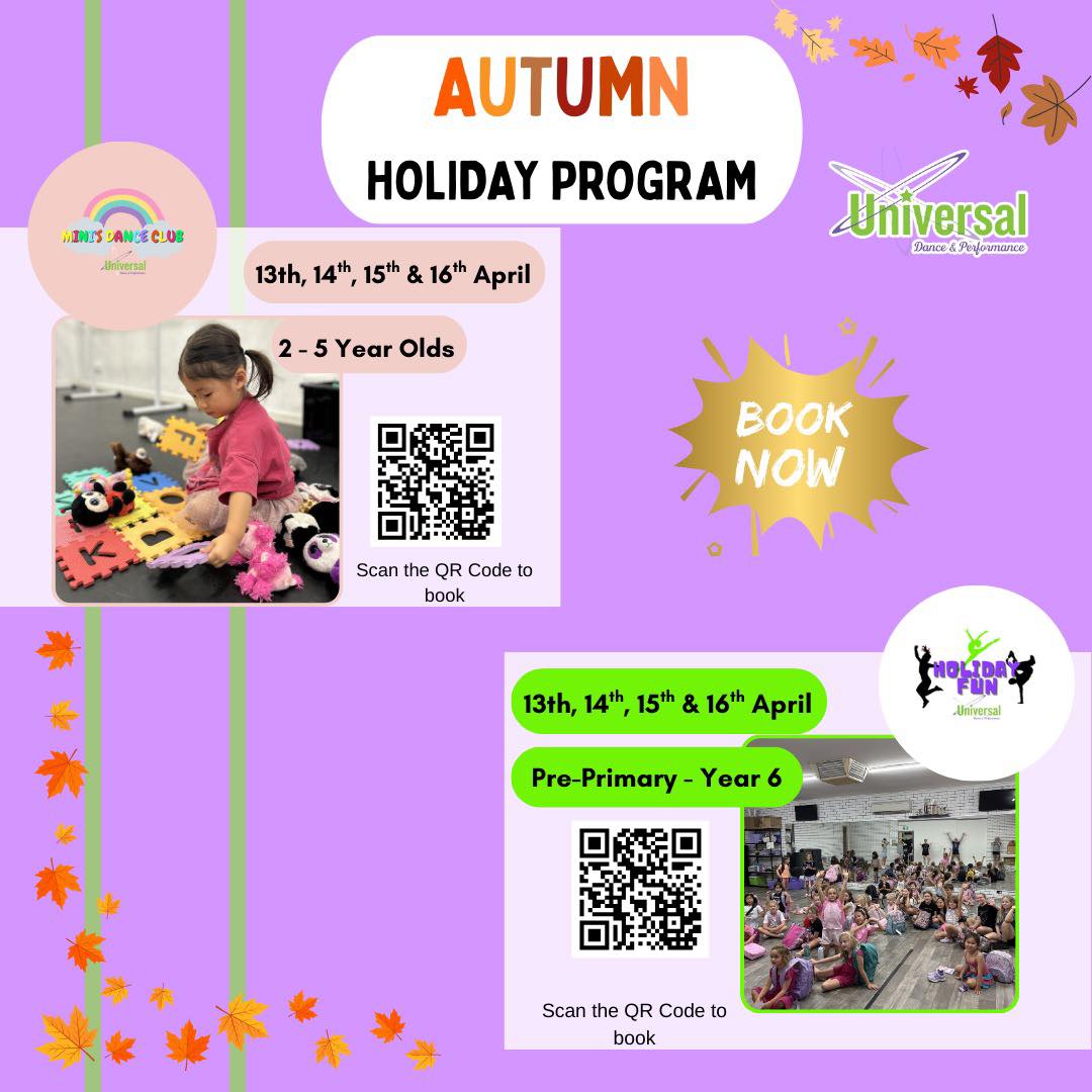 🍂 Autumn School Holiday Program 🍂
Looking for something fun to do these school holidays? Join us at the studio for our Autumn School Holiday Program!
📅 April 13th, 14th, 15th & 16th
Get ready for dancing, games, creativity and lots of fun with friends. It’s the perfect way for kids to stay active, try new styles and build have fun in the holidays. 💃
Scan the QR code to book now! ⭐️
#schoolholidaysperth #minisdanceclub #holidayfun #southperth #dancefriends #dancefamily #universaldanceandperformance #como #perthdance #udp #kidsdanceclasses #schoolholidays