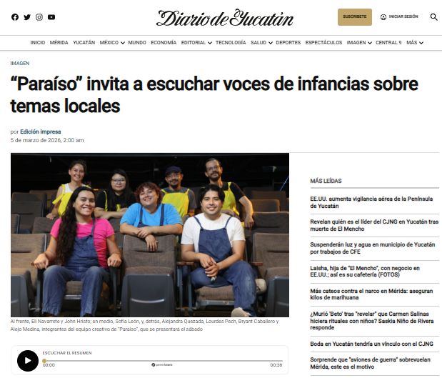 🌿Muchas gracias al @diariodeyucatan por compartir sobre Paraíso y el trabajo que hay detrás de este proyecto.🌿
Nos emociona que más personas puedan conocer esta obra y las historias que la inspiran. Les invitamos a leer la nota completa en su página. 💜
🔗https://www.yucatan.com.mx/imagen/2026/03/05/paraiso-invita-a-escuchar-voces-de-infancias-sobre-temas-locales.html