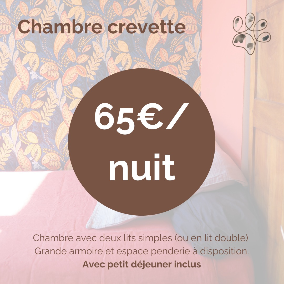 La chambre crevette 🦐
Au prix de 65€ la nuit, la chambre "Crevette" vous propose deux lits simples (il est tout à fait possible de les joindre pour faire un lit double !)
Une grande armoire et un espace penderie sont à votre disposition ainsi qu'un bureau idéal pour télé-travailler ou écrire ses plus belles cartes postales...💌
L'accès à la salle de bain et aux WC sera partagé avec la seconde chambre, mais des tiroirs vous seront dédiés pour ranger vos affaires.
Le linge, les serviettes de bain (et de plage si besoin) et produits de douche sont inclus.
Pour en savoir plus, rendez-vous sur le site 👉🏼 www.leschambresdelenn.com
➡️ Réservation par mail 📩 : leschambresdelenn@gmail.com ou par téléphone 📞 : 06 84 83 28 26
#bretagne #damgan #morbihan #chambresdhotes