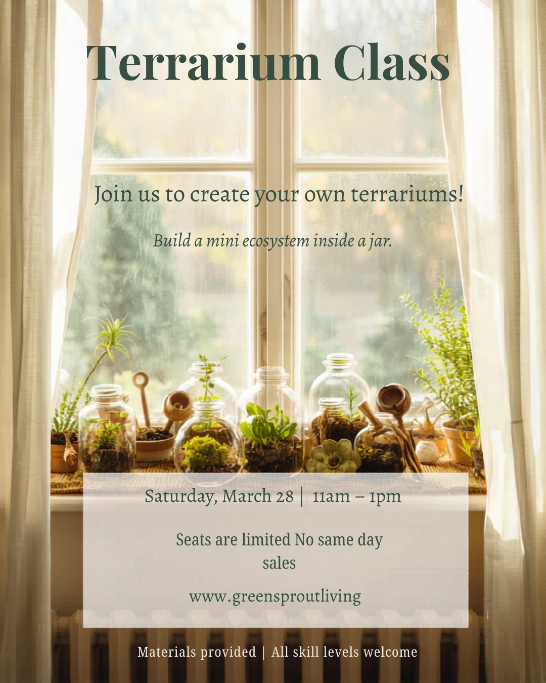 🌿 Ready to play in the dirt…in a jar?
Join me Saturday, March 28th at 11 AM at the Flora Housing Authority on Locust Street in Flora for a hands-on Terrarium Workshop where I’ll walk you step-by-step through building your own unique mini ecosystem. No experience needed—I’ll guide you through the whole process!
✨ All supplies are included, and you’ll leave with a beautiful living terrarium you created yourself. It’s the perfect little way to kick off spring and bring some green back into your home.
🎟 Tickets are limited and the last day to grab yours is March 26th — so don’t wait until the last minute!
🎁 Bring a printed copy of your receipt when you arrive so you can be entered into a door prize drawing to win a fun surprise!
👉 Click the link to purchase your ticket, grab your seat, and come spend a fun morning getting your hands in the soil with me. I can’t wait to see you there! 🌱
https://www.greensproutliving.com/event-details/terrarium-workshop
#terrariumworkshop #floraillinois #springkickoff #plantpeople #growyourown #gardenfun 🌿✨
