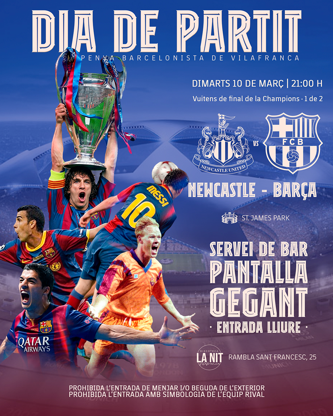 ⚽️𝘿𝙄𝘼 𝘿𝙀 𝙋𝘼𝙍𝙏𝙄𝙏
⭐Nit de Champions!
Ens trobem a @lanitvilafranca per gaudir del
partit!💪🏼
🍻Com sempre, amb pantalla gegant, servei de bar i sopars.
Som-hi Barça!🔵🔴