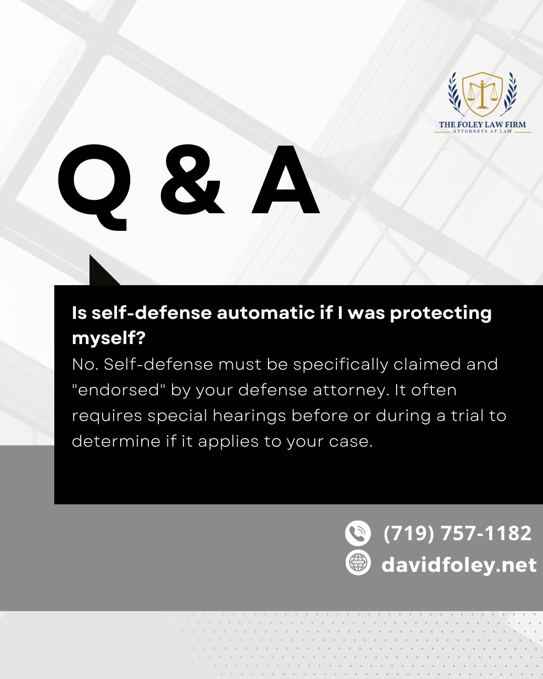 In the eyes of the law, protecting yourself isn't just about what happened; it’s about how it’s argued in court.
As our latest Q&A highlights, self-defense must be specifically "endorsed" by your attorney to have its full legal impact. This strategic move creates a double hurdle for the prosecution: they must prove the charges and disprove your self-defense beyond a reasonable doubt.
With over 30 years of trial experience, David Foley understands how to navigate the complex hearings required to protect your rights.
Free consultations for all criminal matters.
📞 (719) 757-1182
🌐 davidfoley.net
#TheFoleyLawFirm #coloradosprings #lawyer #attorney #selfdefense