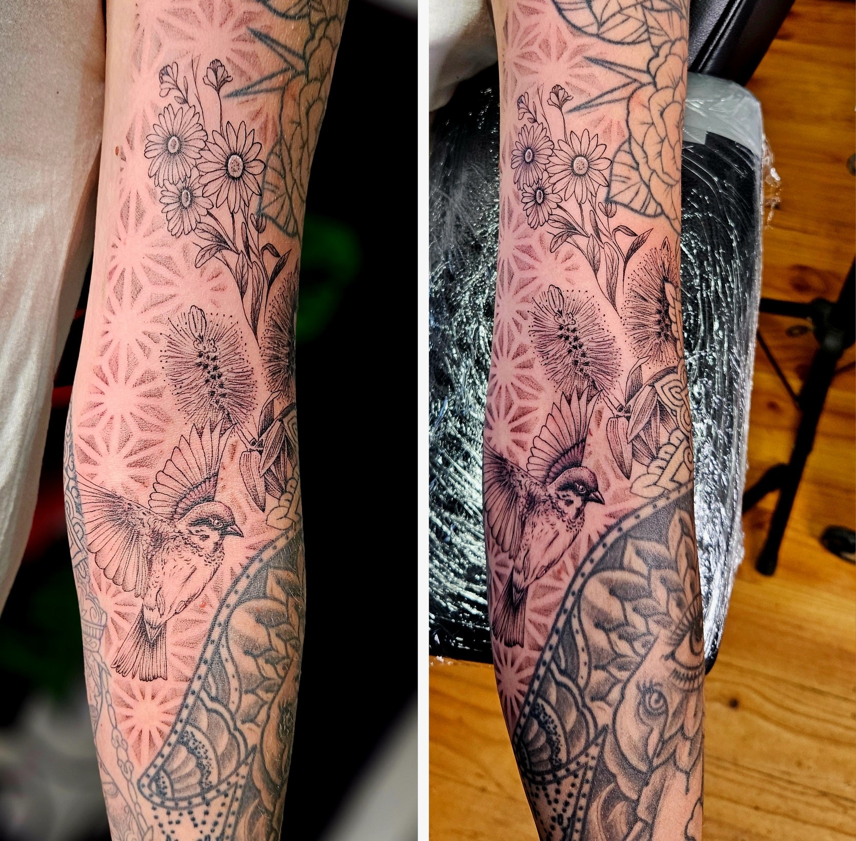 Filler piece š done by Pete @Pete_Explicit Ink #tattoo #fillertattoo #geometrictattoo #floraltattoo #birdtattoo #explicitinktattoo #ink #graywashtattoo #melbournetattoo #tattooistnearme #stalbanstattoo